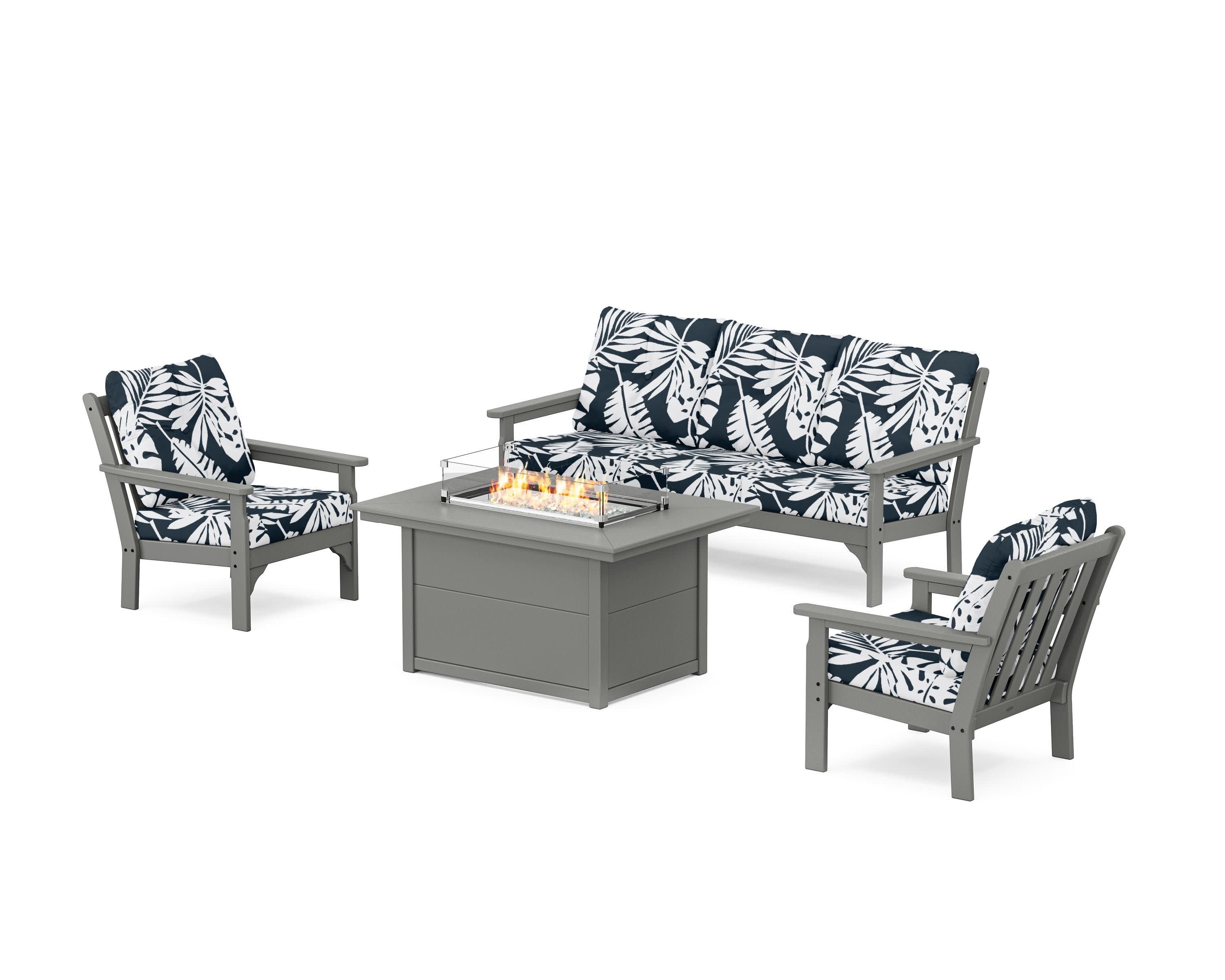 Vineyard Deep Seating Fire Pit Table Set in Slate Grey / Leaf Marine Indigo