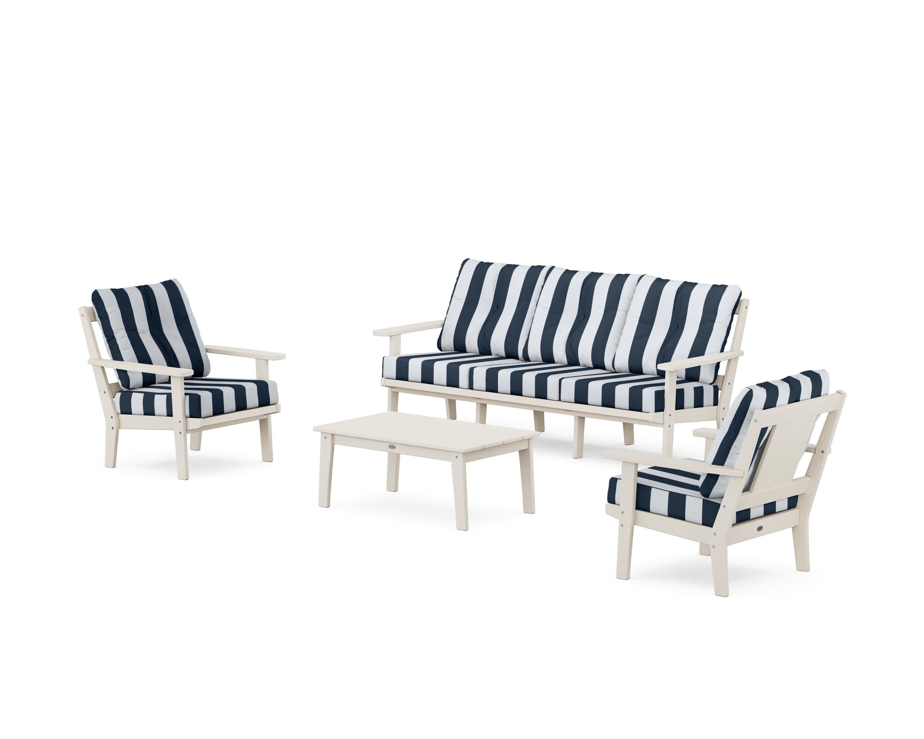 Prairie 4-Piece Deep Seating Set with Sofa in Sand / Cabana Stripe Marine Indigo