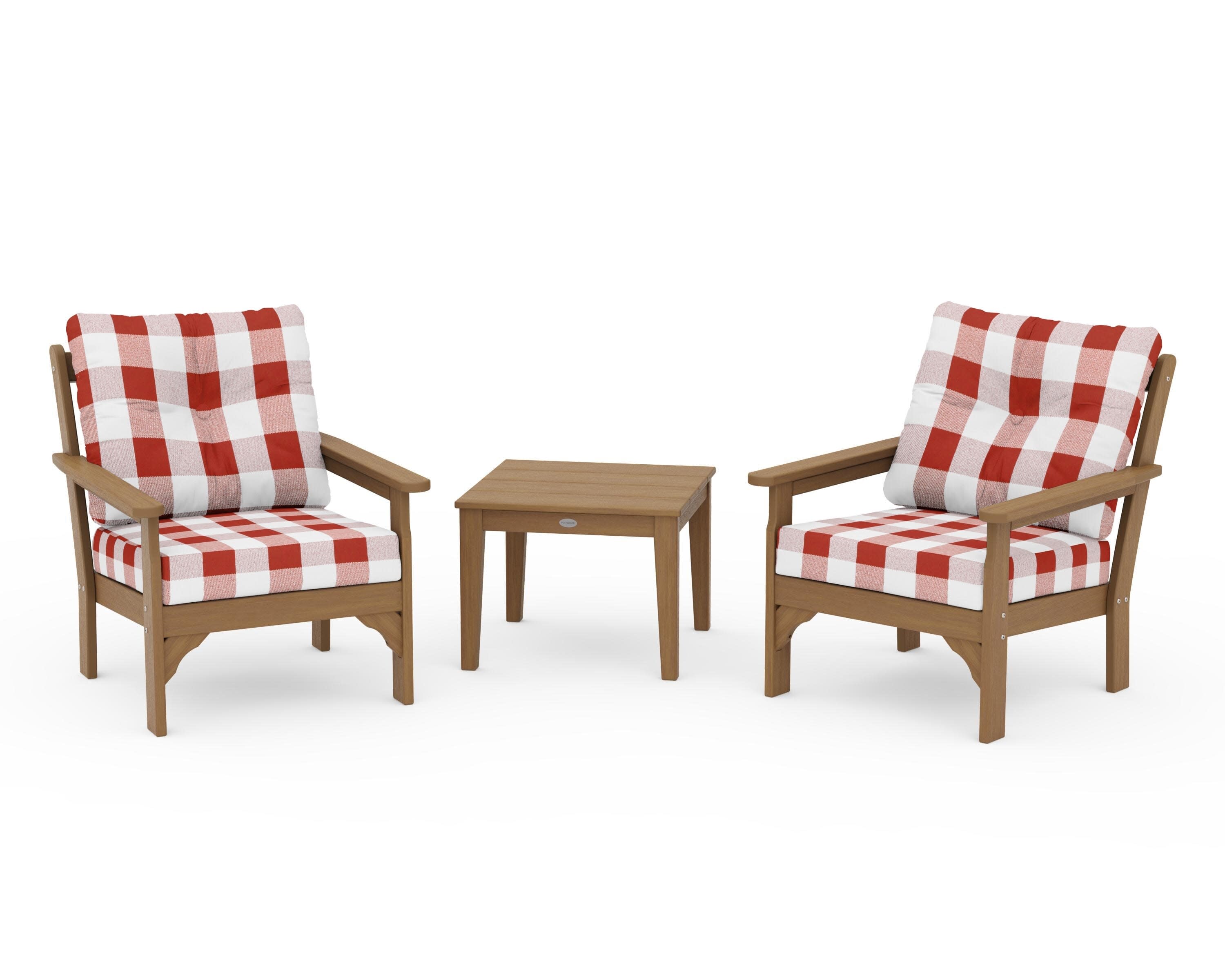 Vineyard 3-Piece Deep Seating Set in Natural / Buffalo Plaid Crimson