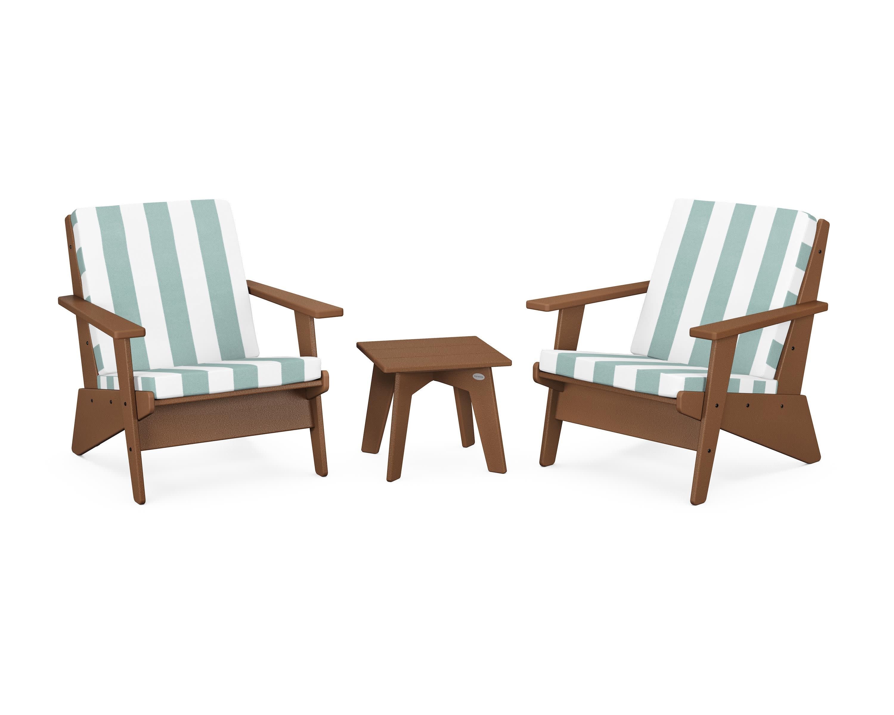 Riviera Modern Lounge 3-Piece Set in Teak / Cabana Stripe Glacier Spa