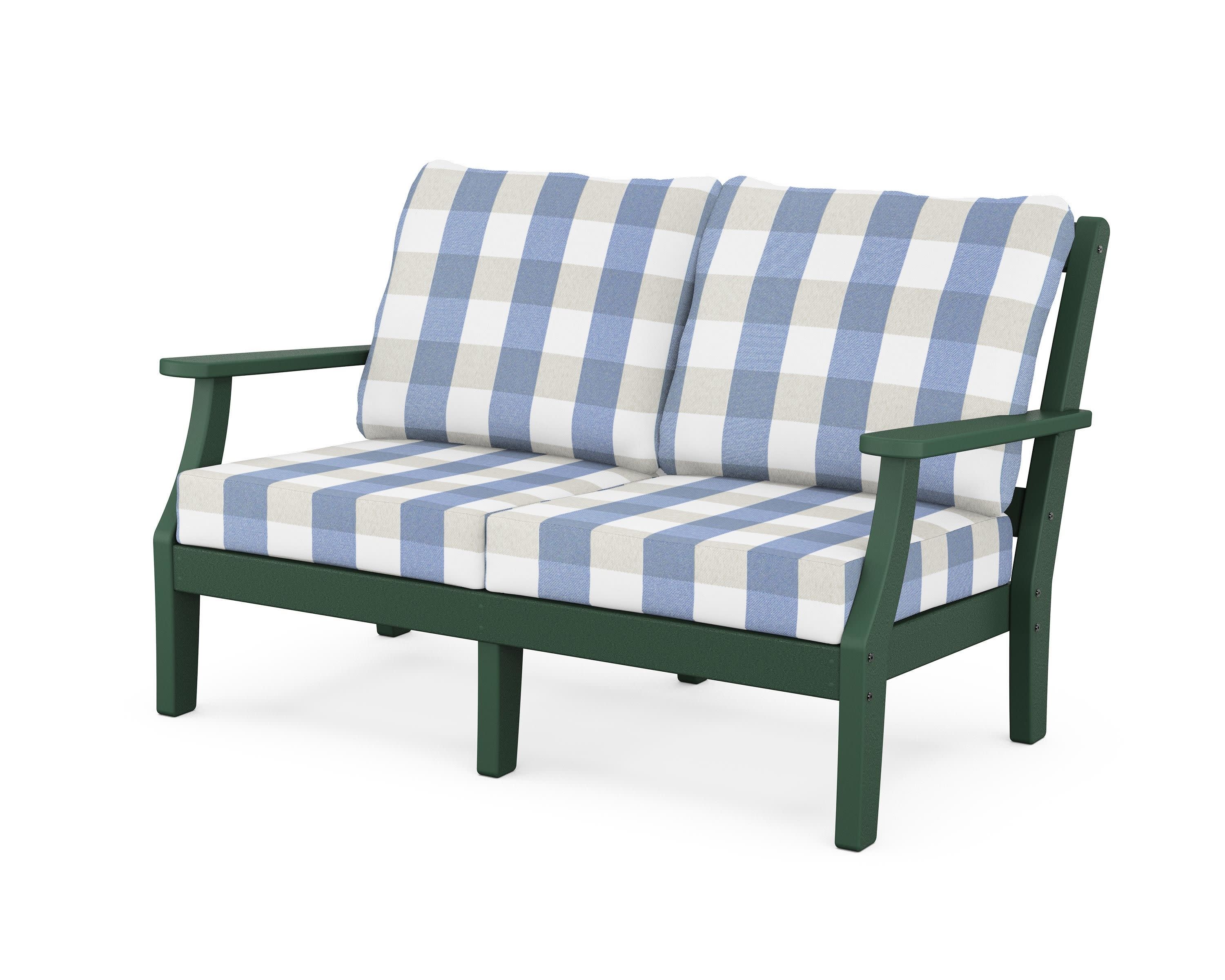 Chinoiserie Deep Seating Loveseat in Green / Buffalo Plaid Sky Blue