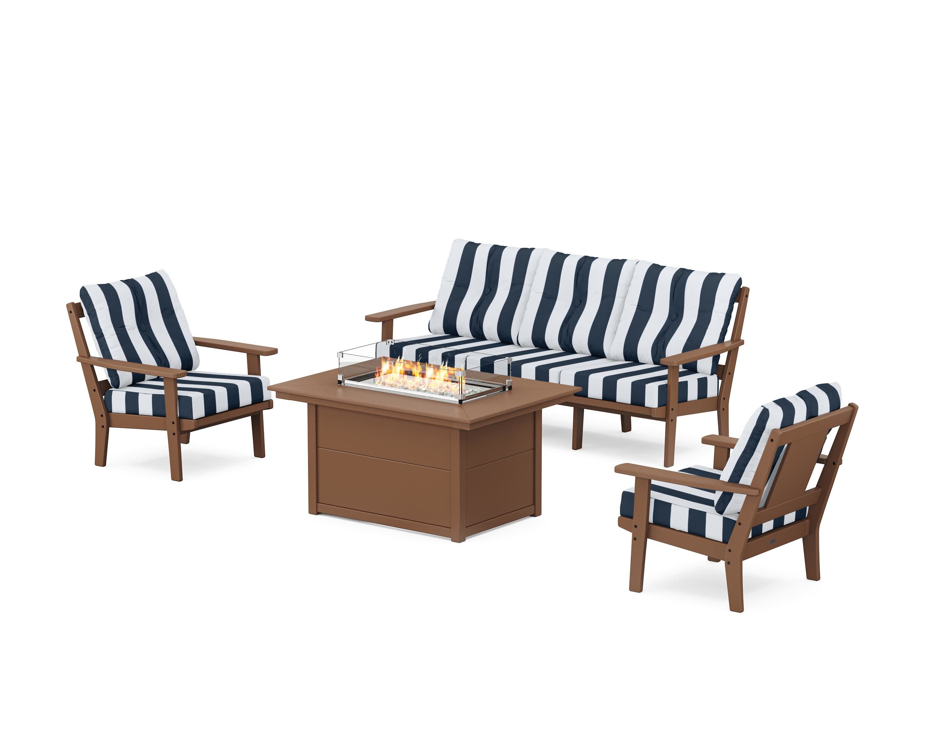 Prairie Deep Seating Fire Pit Table Set in Teak / Cabana Stripe Marine Indigo