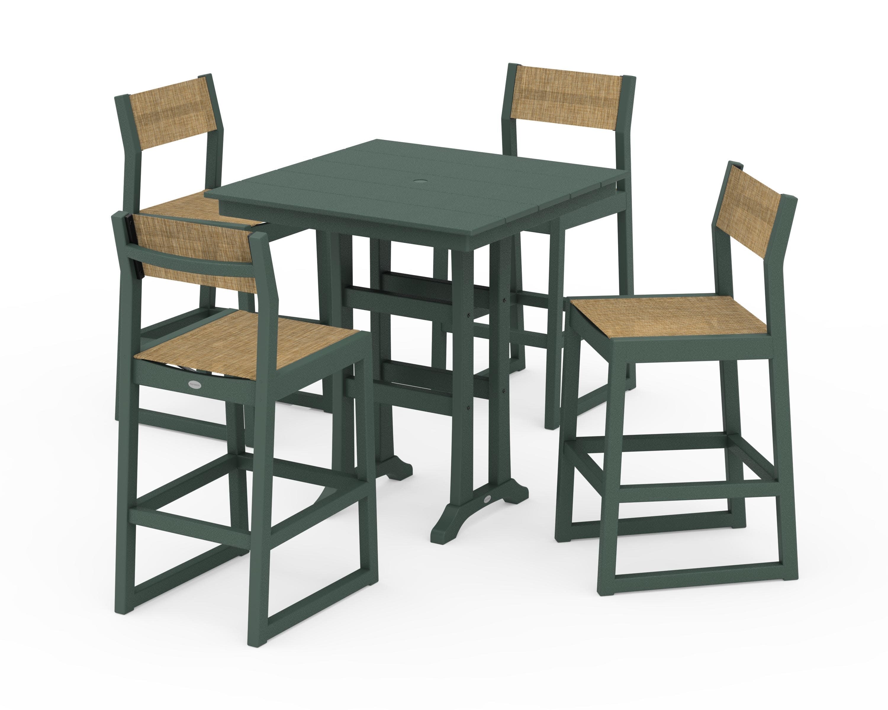 EDGE Sling Arm Chair 5-Piece Farmhouse Bar Set with Trestle Legs in Green / Burlap Sling