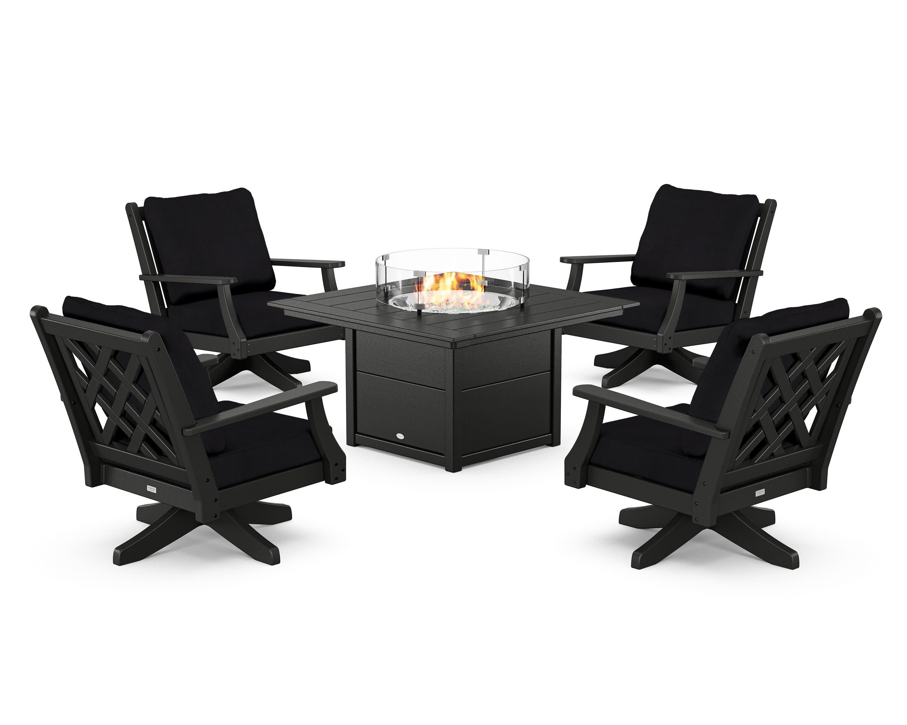 Wovendale 5-Piece Deep Seating Swivel Conversation Set with Fire Pit Table in Black / Midnight Linen