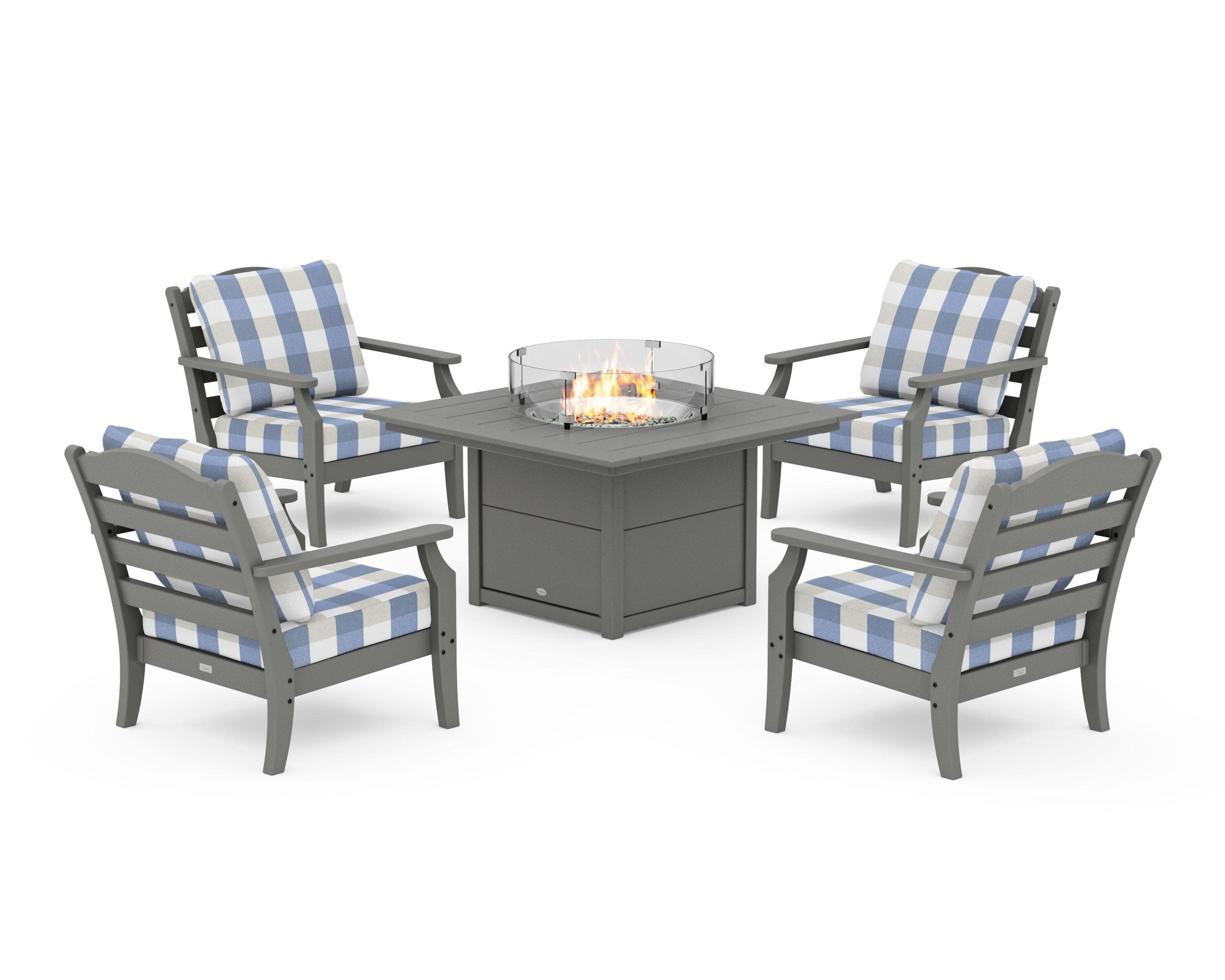 Savannah 5-Piece Deep Seating Set with Fire Pit Table in Slate Grey / Buffalo Plaid Sky Blue