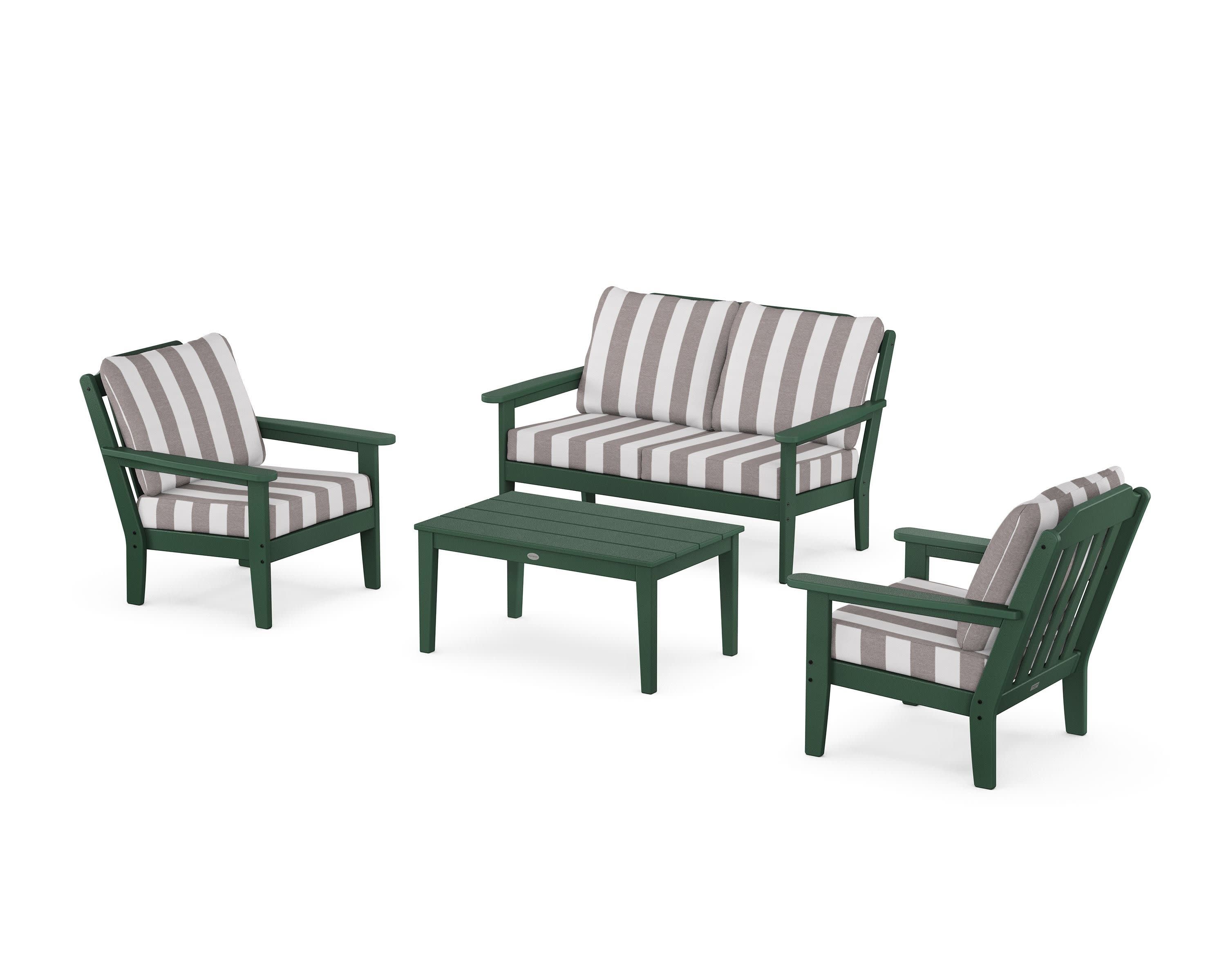 Cottage 4-Piece Deep Seating Set with Loveseat in Green / Cabana Stripe Grey Mist