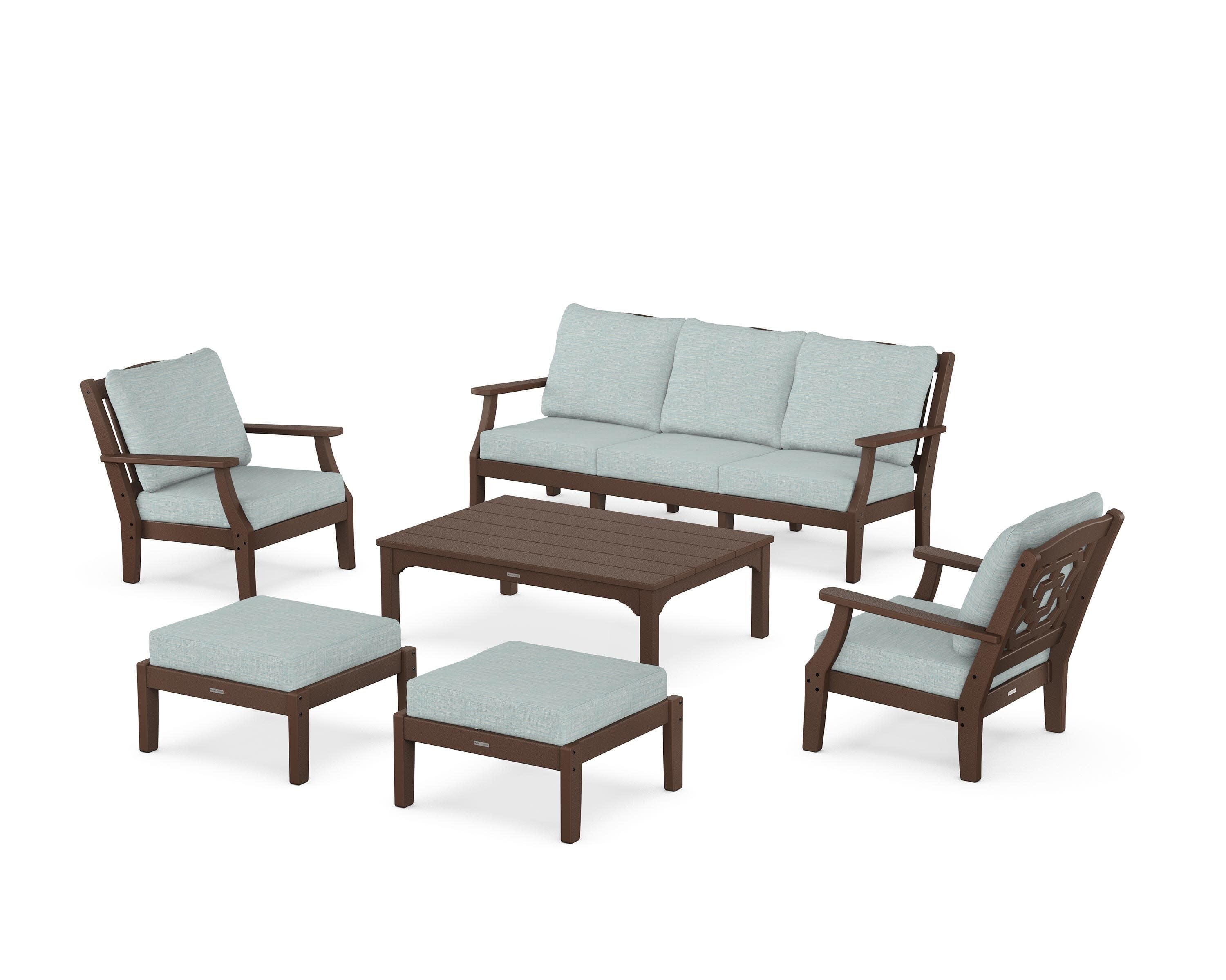 Chinoiserie 6-Piece Lounge Sofa Set in Mahogany / Soothe Mist