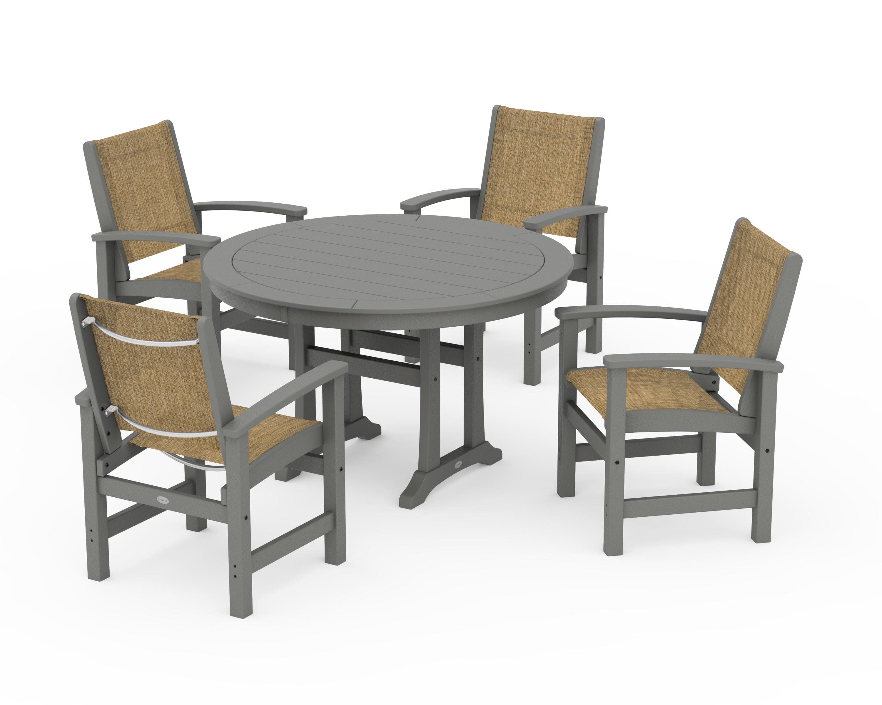 Coastal 5-Piece Round Dining Set with Trestle Legs in Slate Grey / Burlap Sling