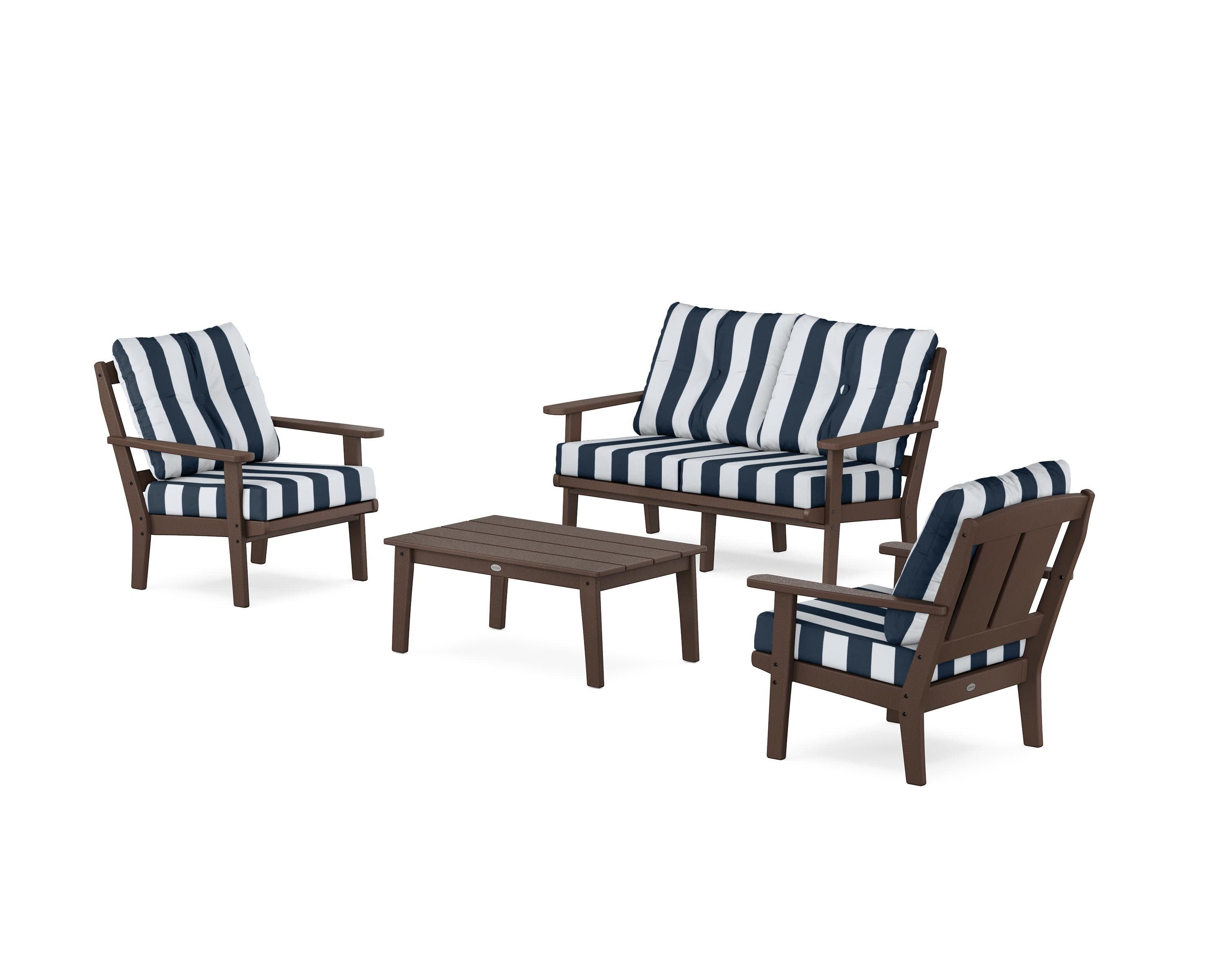 Mission 4-Piece Deep Seating Set with Loveseat in Mahogany / Cabana Stripe Marine Indigo