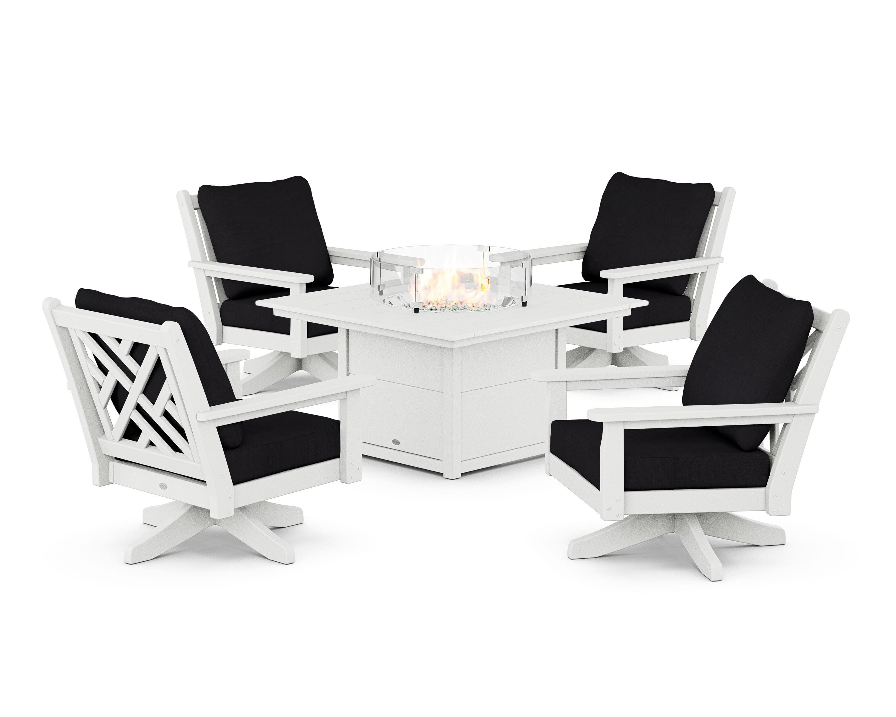 Chippendale 5-Piece Deep Seating Swivel Conversation Set with Fire Pit Table in White / Midnight Linen