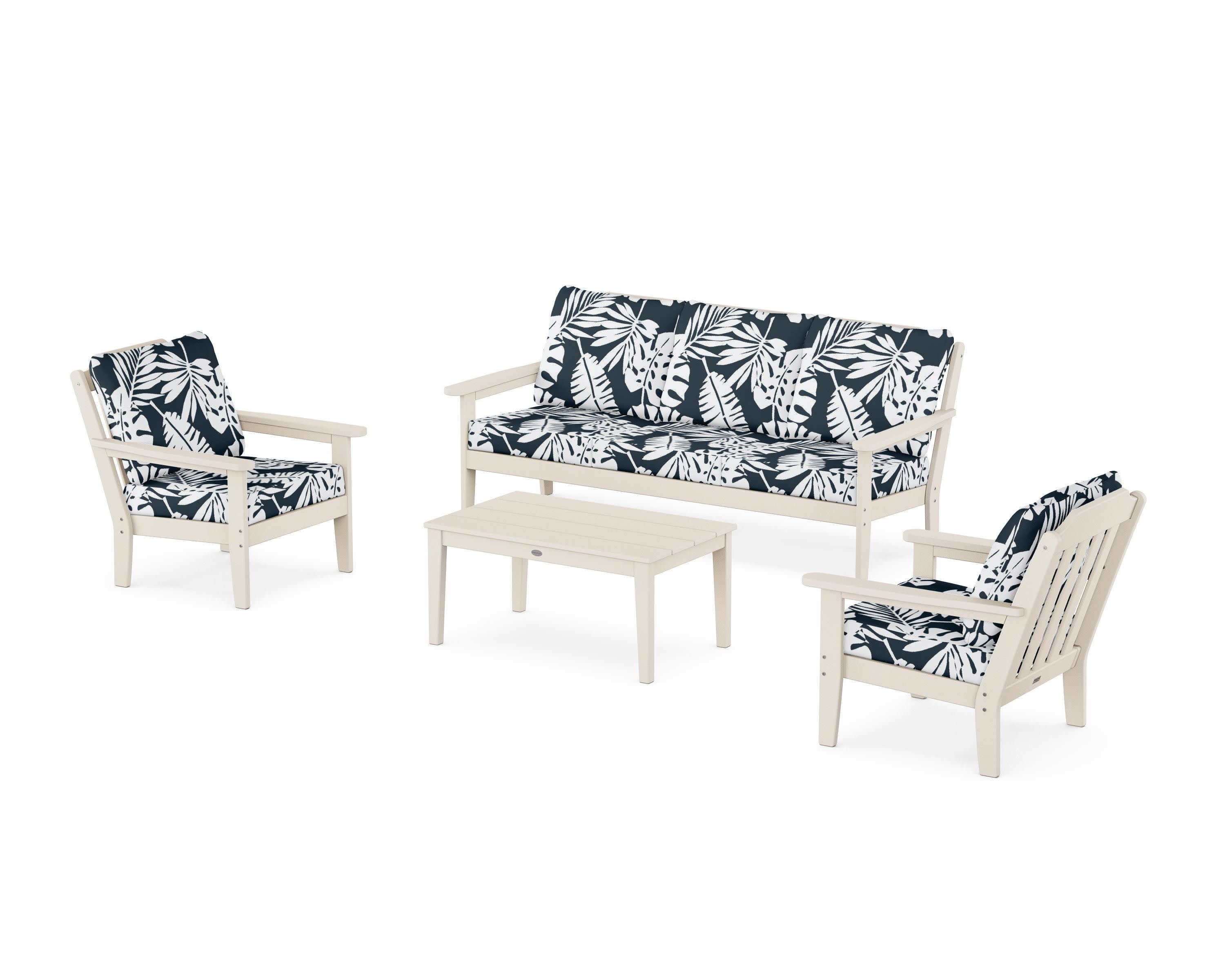 Cottage 4-Piece Deep Seating Set with Sofa in Sand / Leaf Marine Indigo