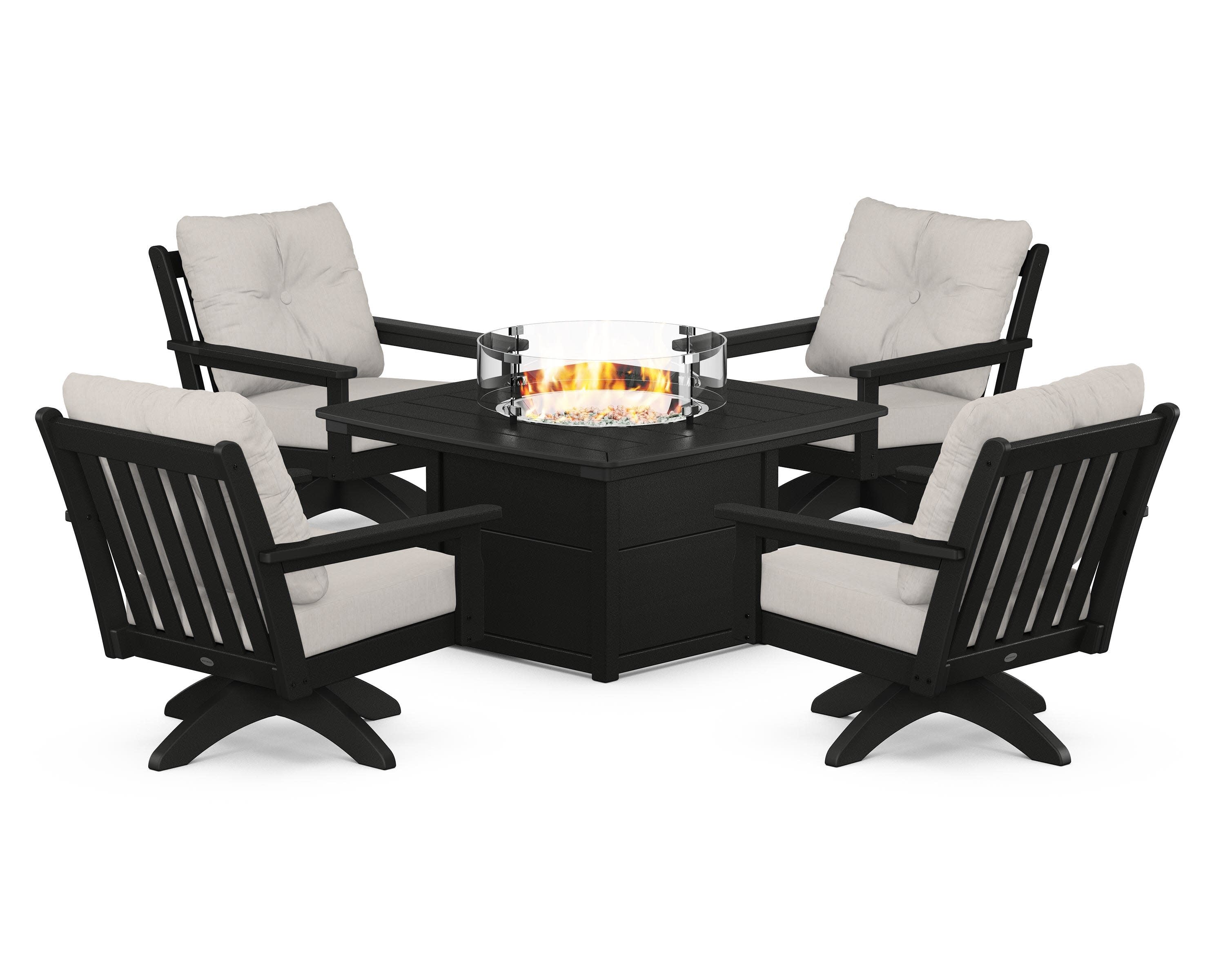 Vineyard 5-Piece Deep Seating Swivel Conversation Set with Fire Pit Table in Black / Cast Ash