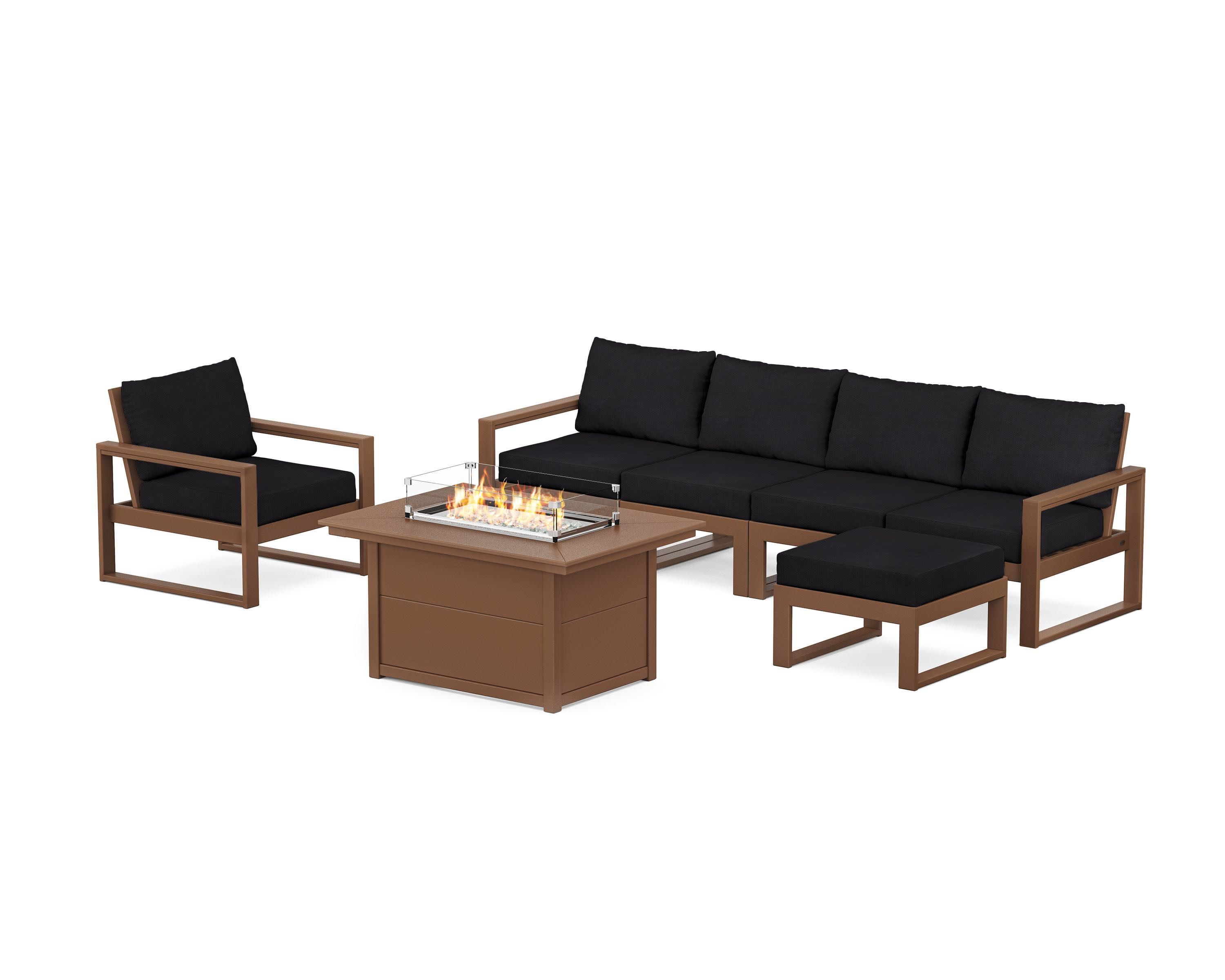 EDGE Sectional Lounge and Fire Pit Set in Teak / Midnight Linen