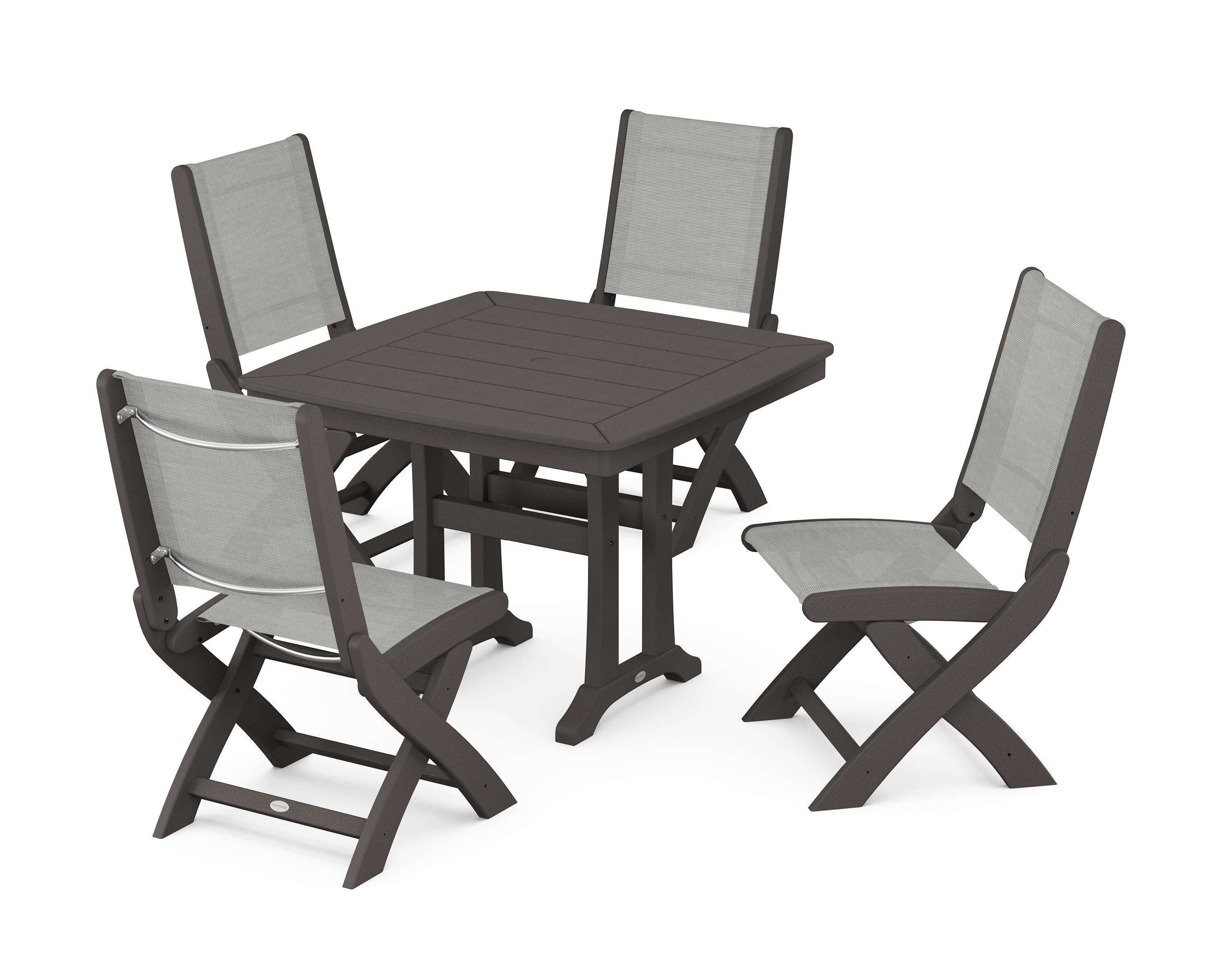 Coastal Folding Side Chair 5-Piece Dining Set with Trestle Legs in Vintage Coffee / Metallic Sling