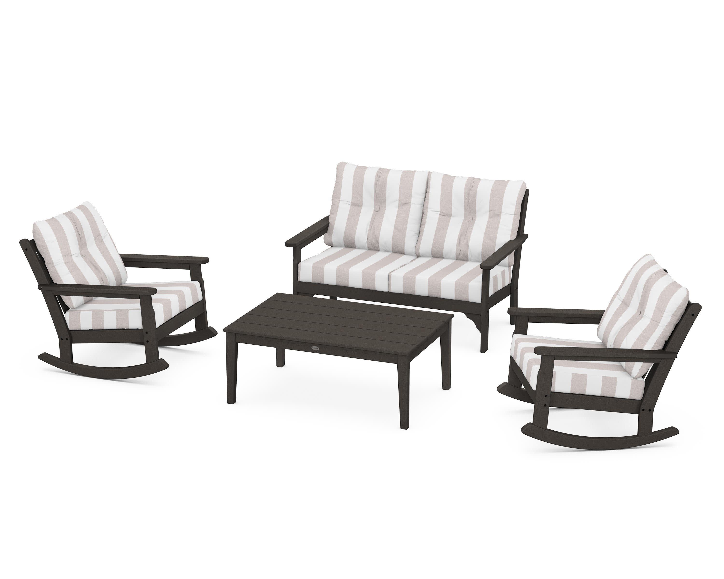 Vineyard 4-Piece Deep Seating Rocking Chair Set in Vintage Coffee / Cabana Stripe Dune Burlap