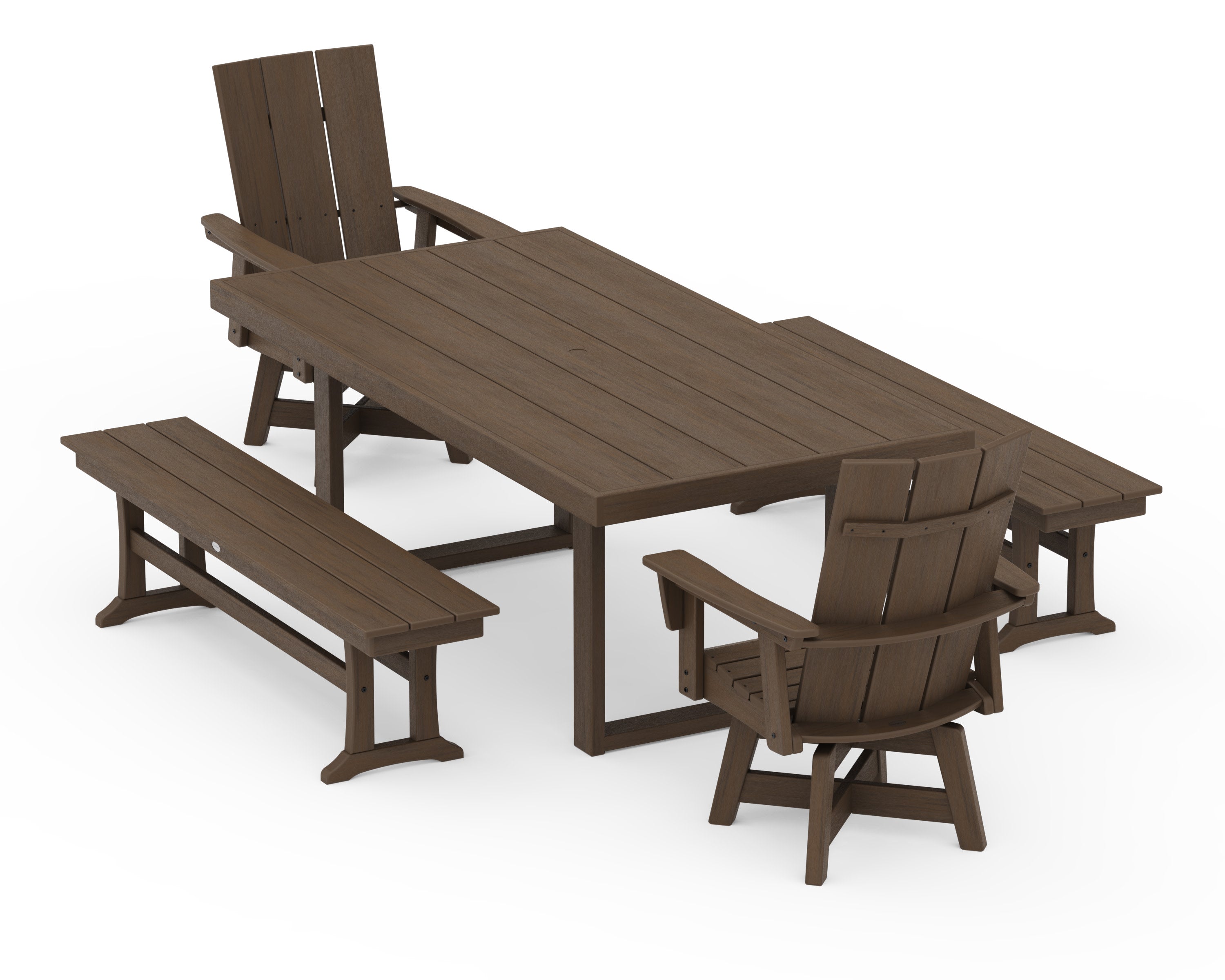 Modern Adirondack Swivel Chair 5-Piece Dining Set with Benches in Kona