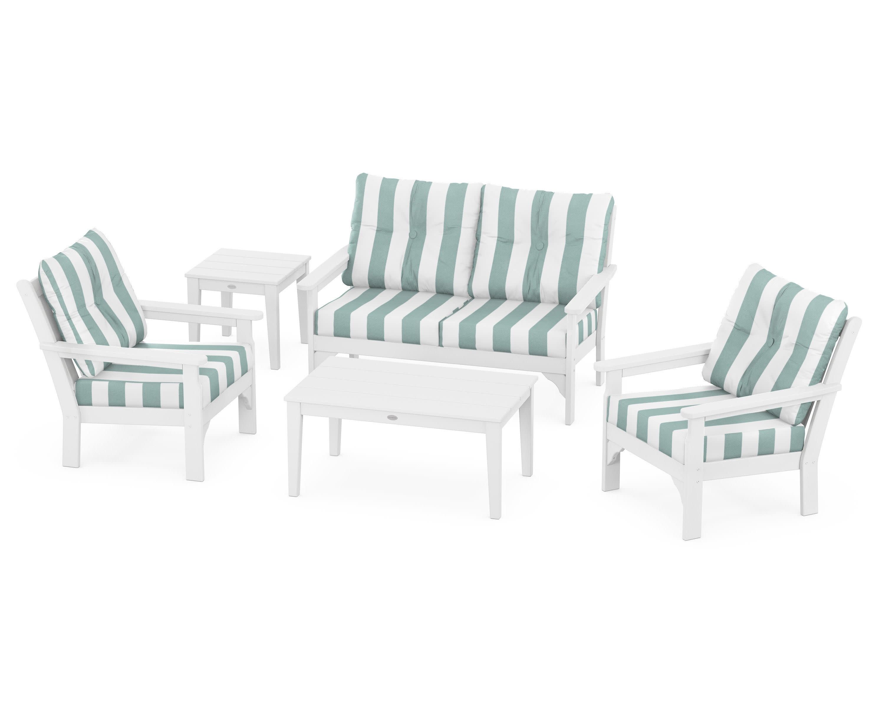 Vineyard 5-Piece Deep Seating Set in White / Cabana Stripe Glacier Spa