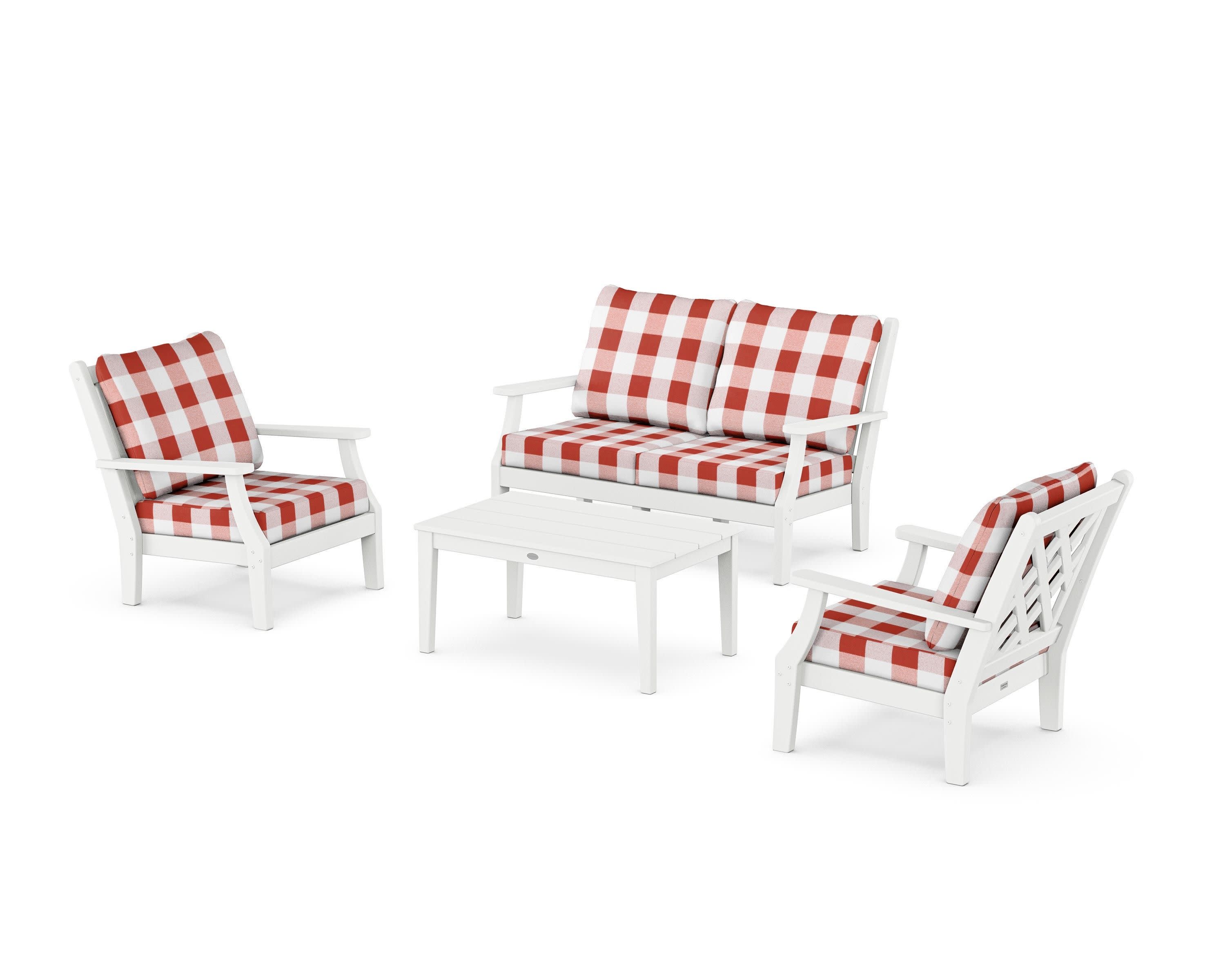 Wovendale 4-Piece Deep Seating Set with Loveseat in White / Buffalo Plaid Crimson