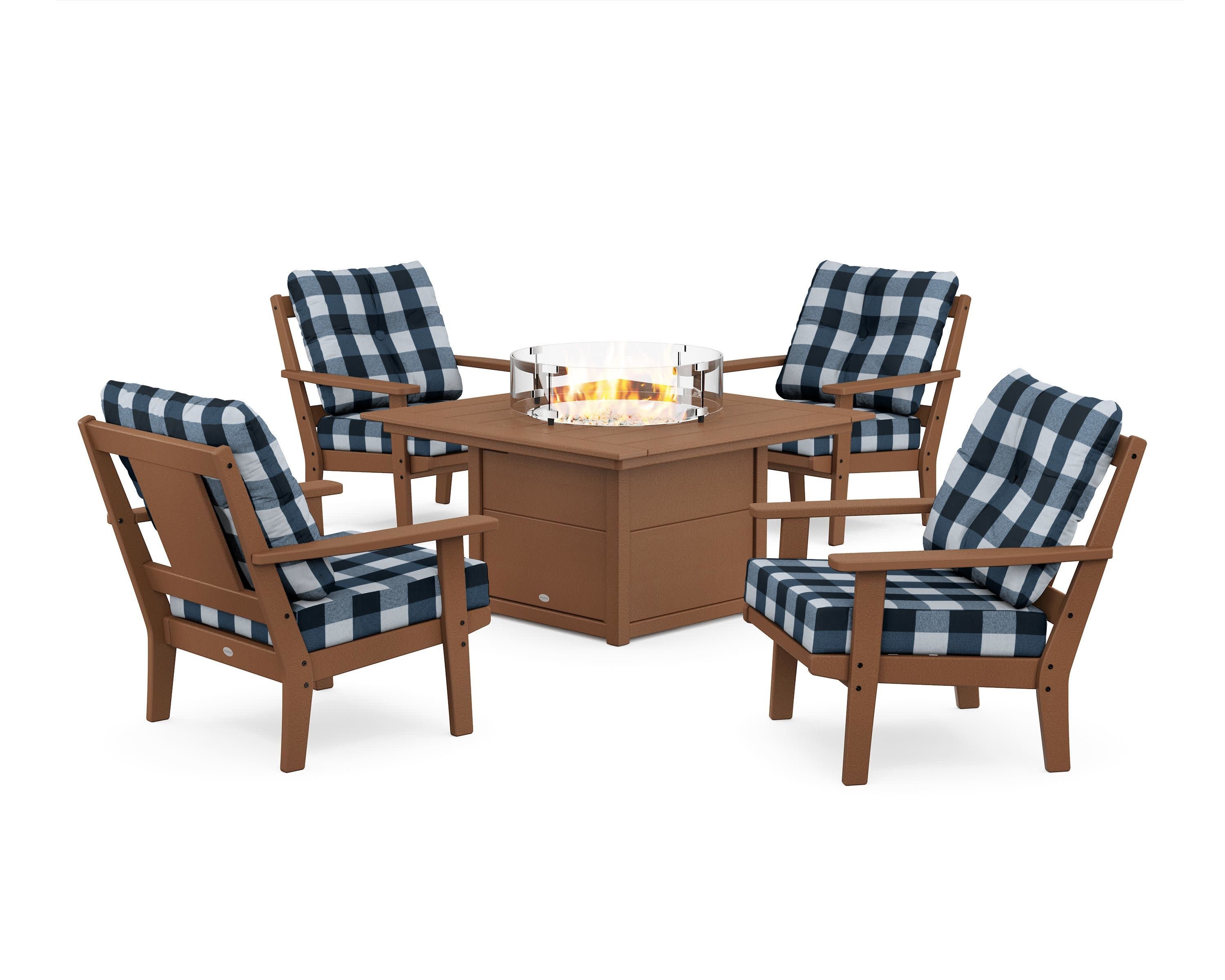 Prairie 5-Piece Deep Seating Set with Fire Pit Table in Teak / Buffalo Plaid Marine Indigo