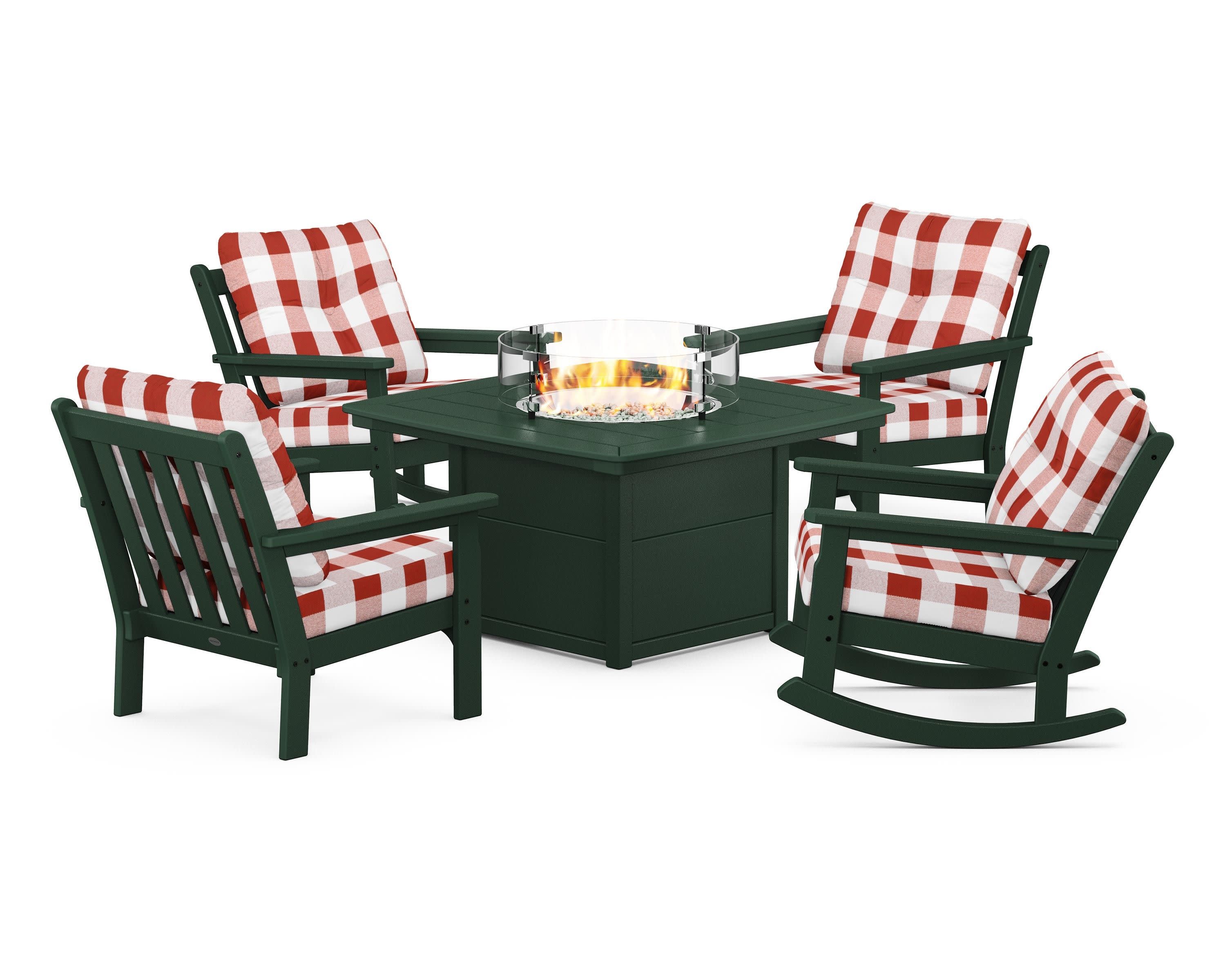 Vineyard 5-Piece Deep Seating Rocking Chair Conversation Set with Fire Pit Table in Green / Buffalo Plaid Crimson