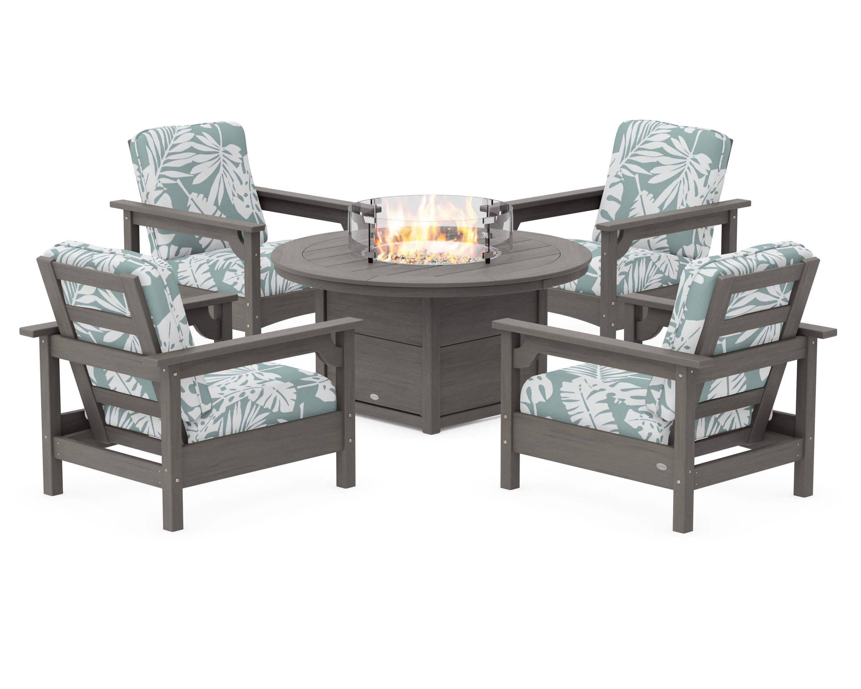 Club 5-Piece Conversation Set with Fire Pit Table in Driftwood / Leaf Glacier Spa