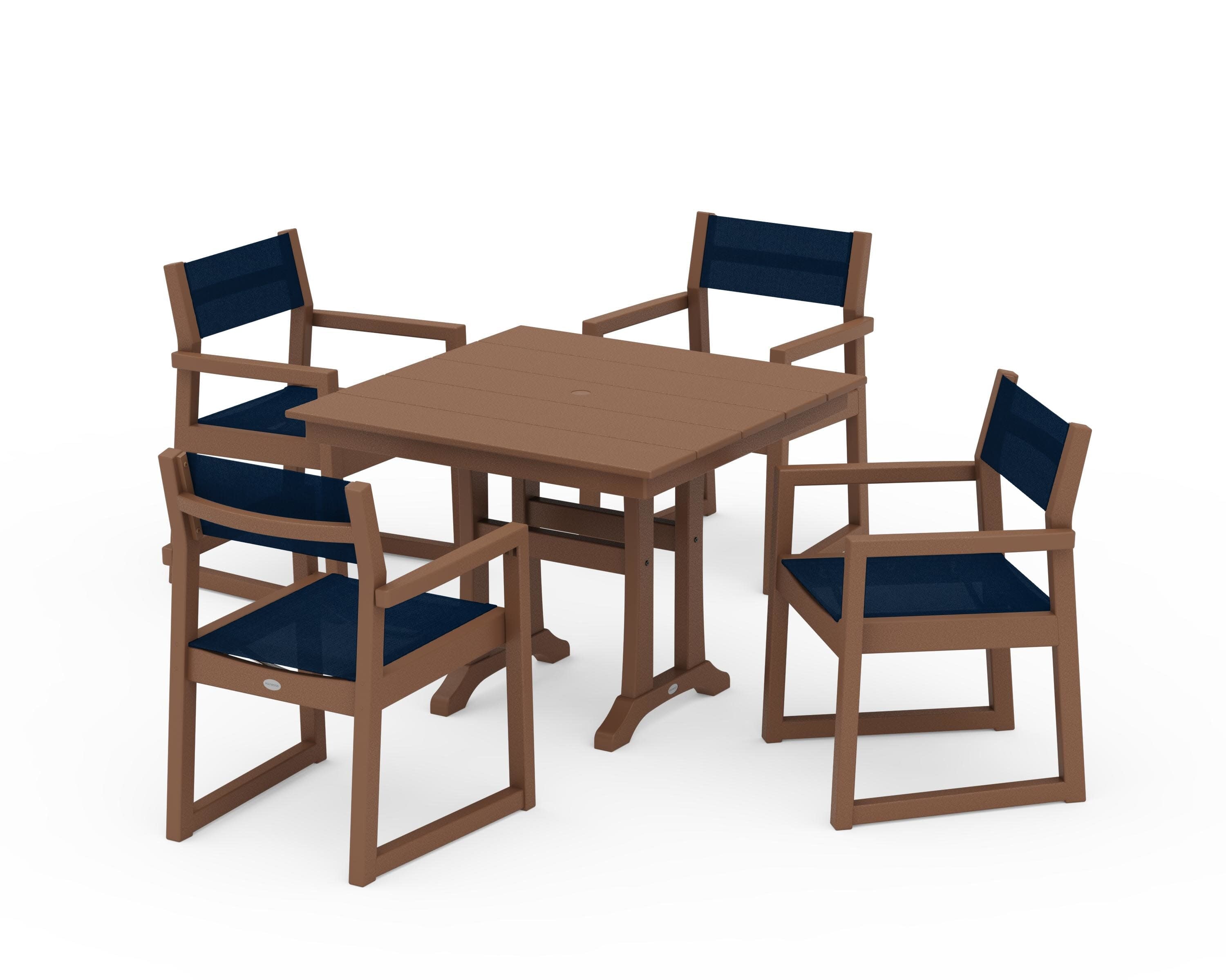EDGE Sling 5-Piece Farmhouse Dining Set with Trestle Legs in Teak / Navy Blue Sling