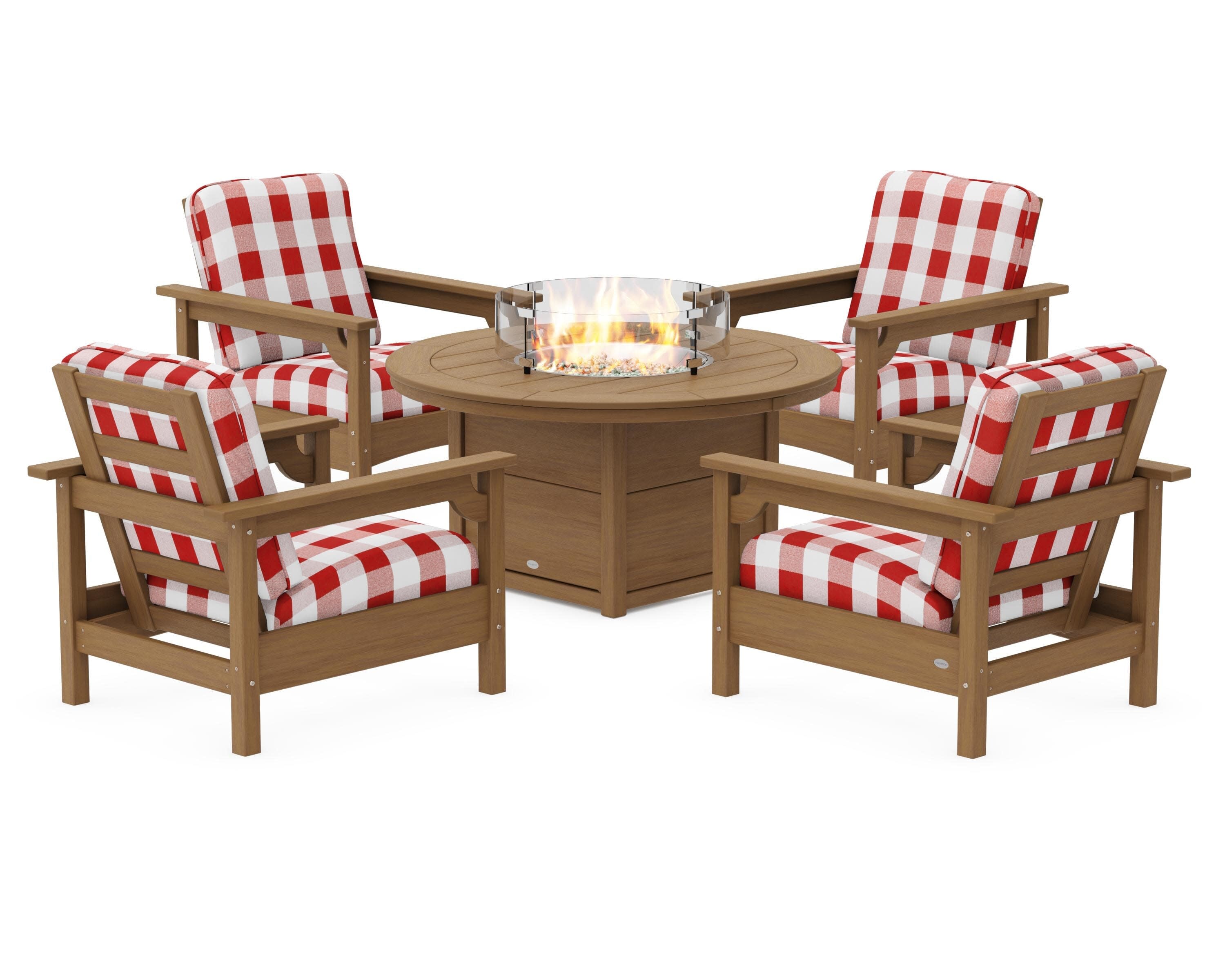 Club 5-Piece Conversation Set with Fire Pit Table in Natural / Buffalo Plaid Crimson