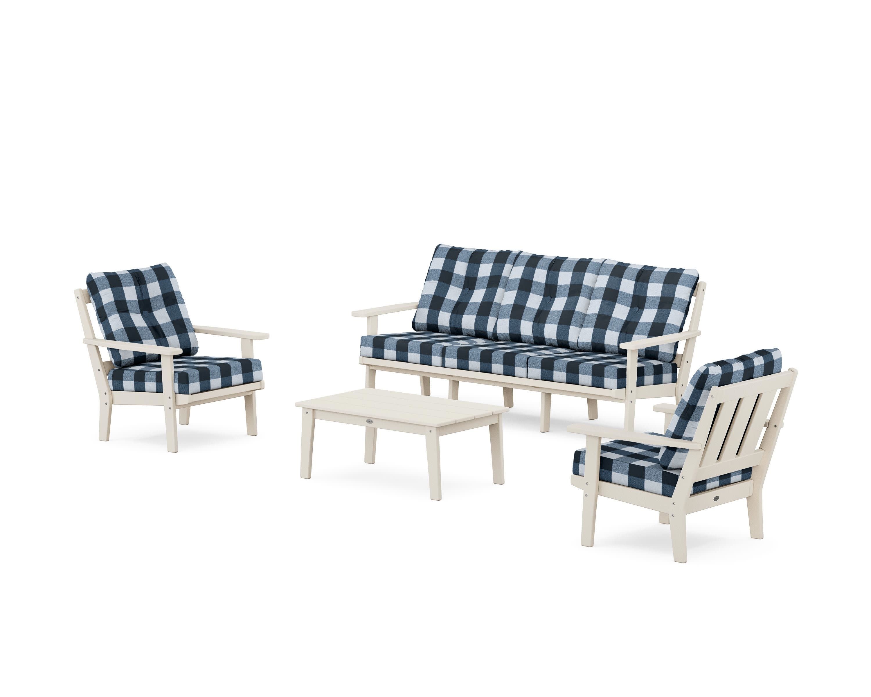 Oxford 4-Piece Deep Seating Set with Sofa in Sand / Buffalo Plaid Marine Indigo