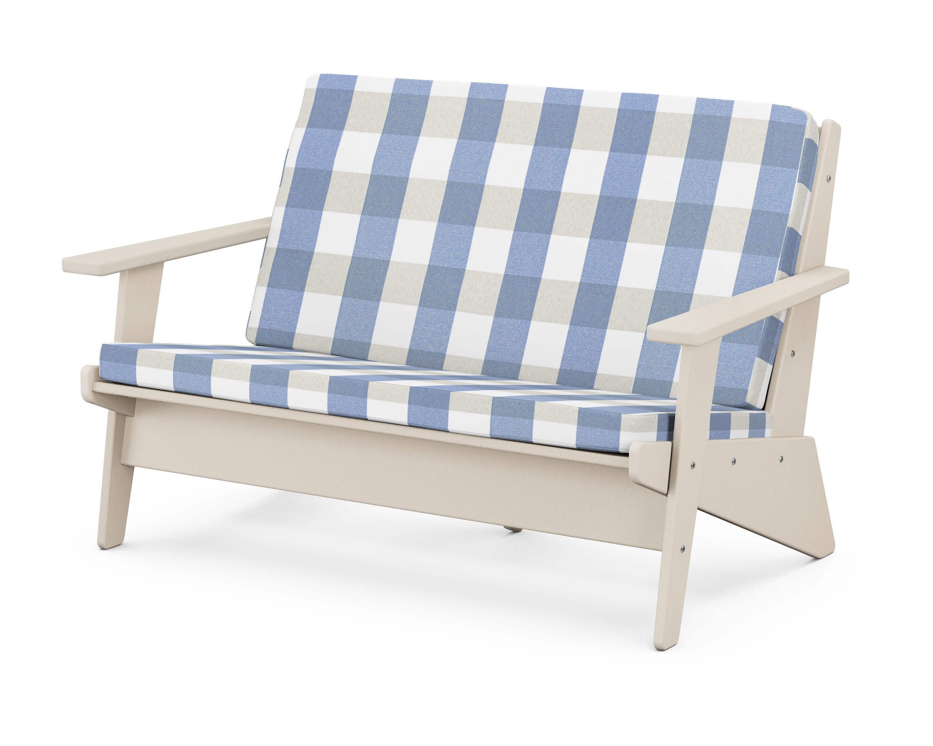 Riviera Modern Lounge Loveseat in Sand / Buffalo Plaid Sky Blue