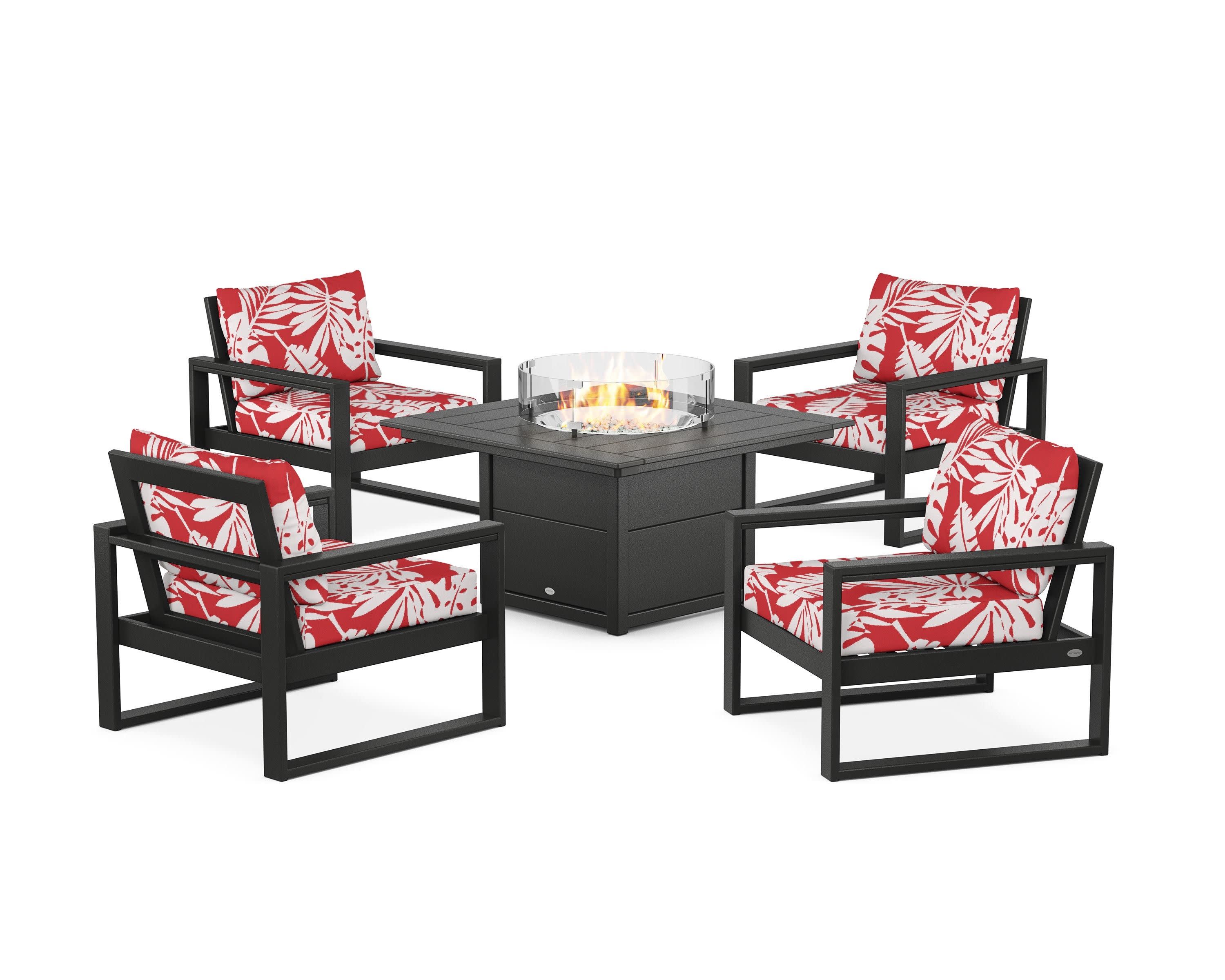EDGE Sectional 5-Piece Deep Seating Set with Fire Pit Table in Black / Leaf Crimson