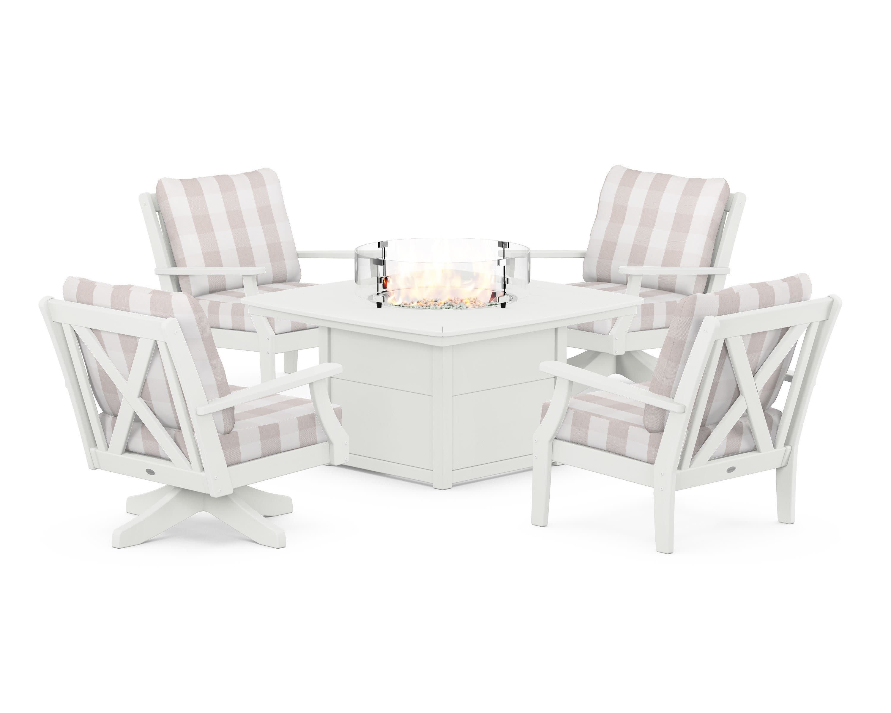 Braxton 5-Piece Deep Seating Set with Fire Table in Vintage White / Buffalo Plaid Dune Burlap