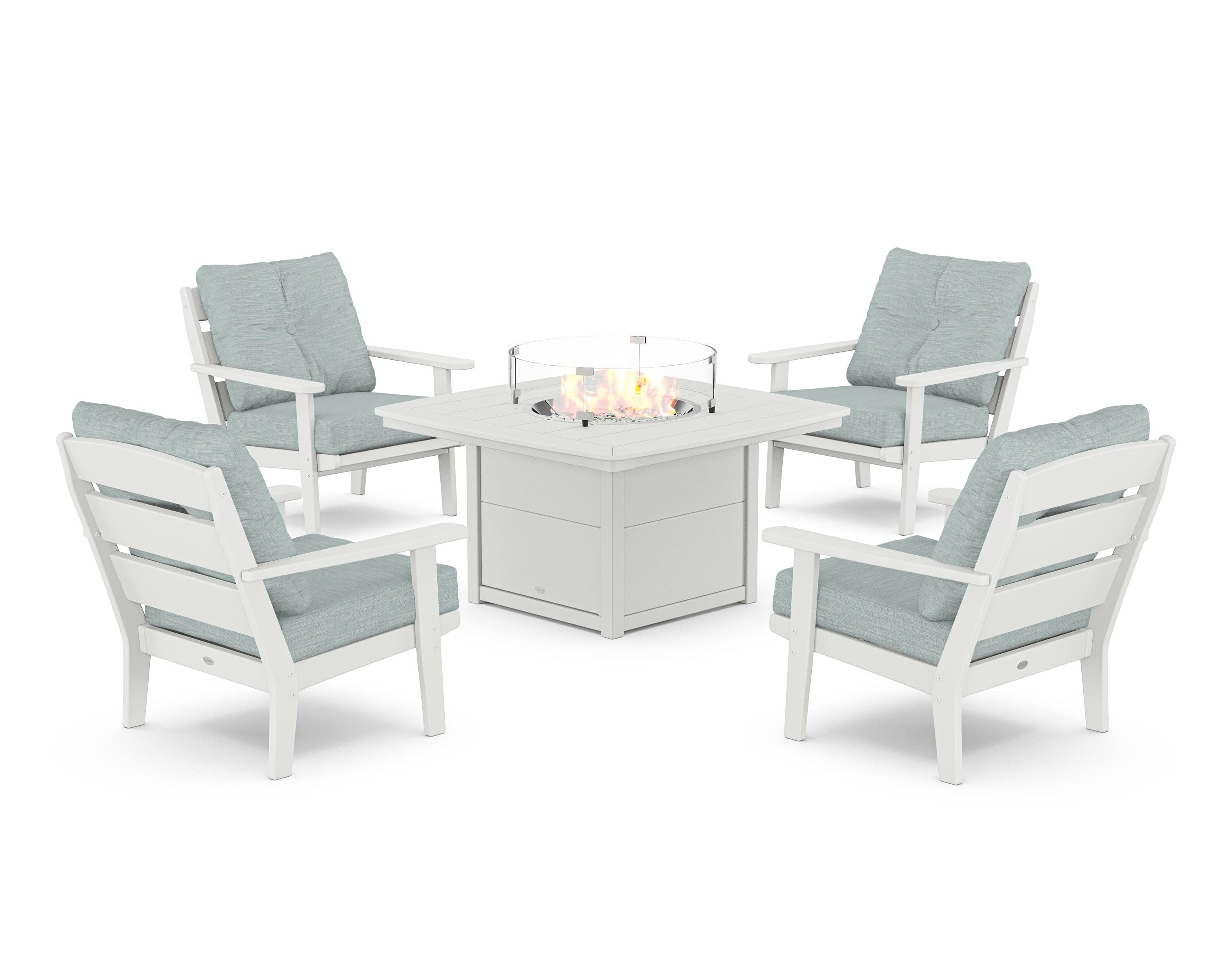 Lakeside 5-Piece Deep Seating Set with Nautical Fire Pit Table in White / Soothe Mist