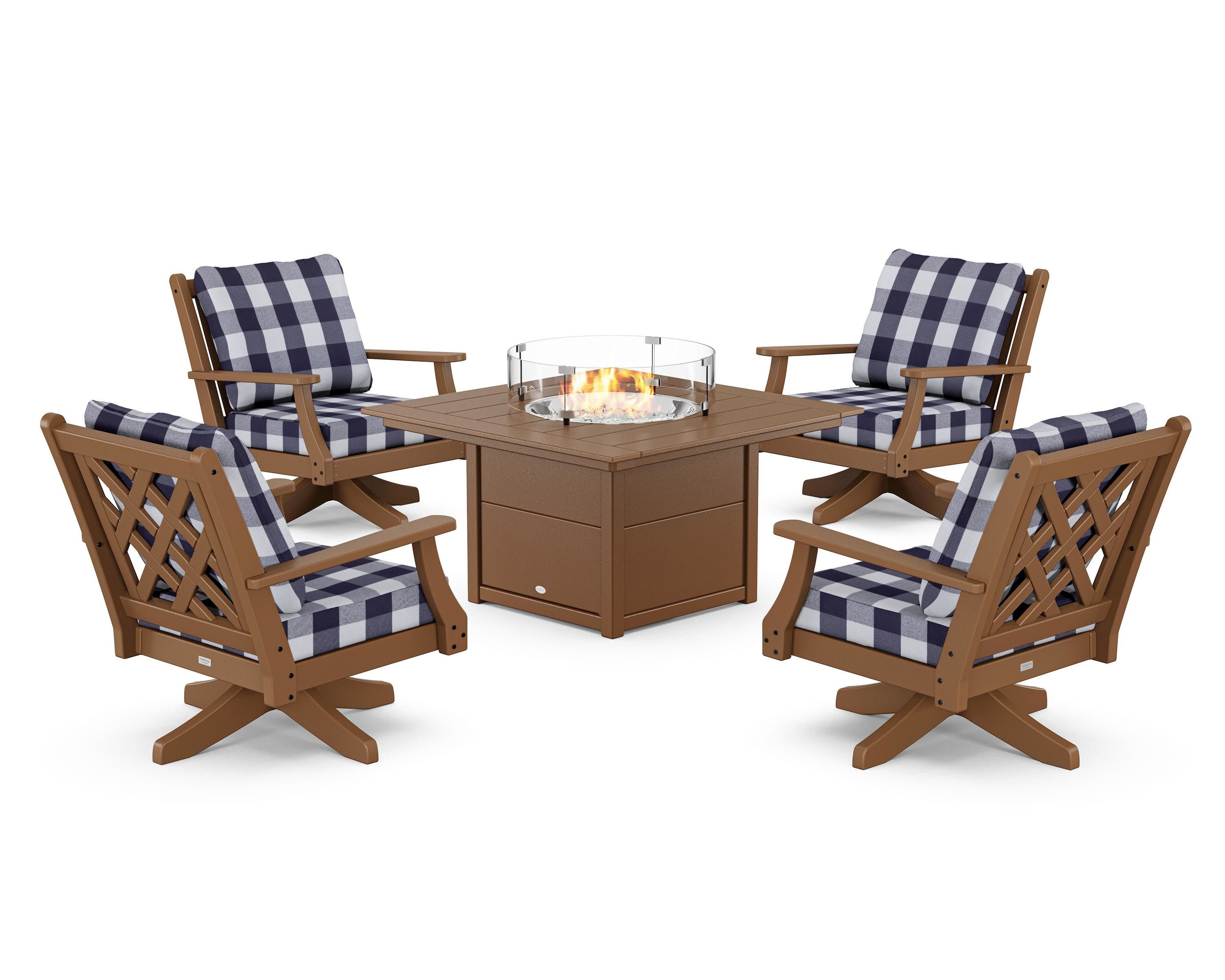 Wovendale 5-Piece Deep Seating Swivel Conversation Set with Fire Pit Table in Teak / Buffalo Plaid Navy