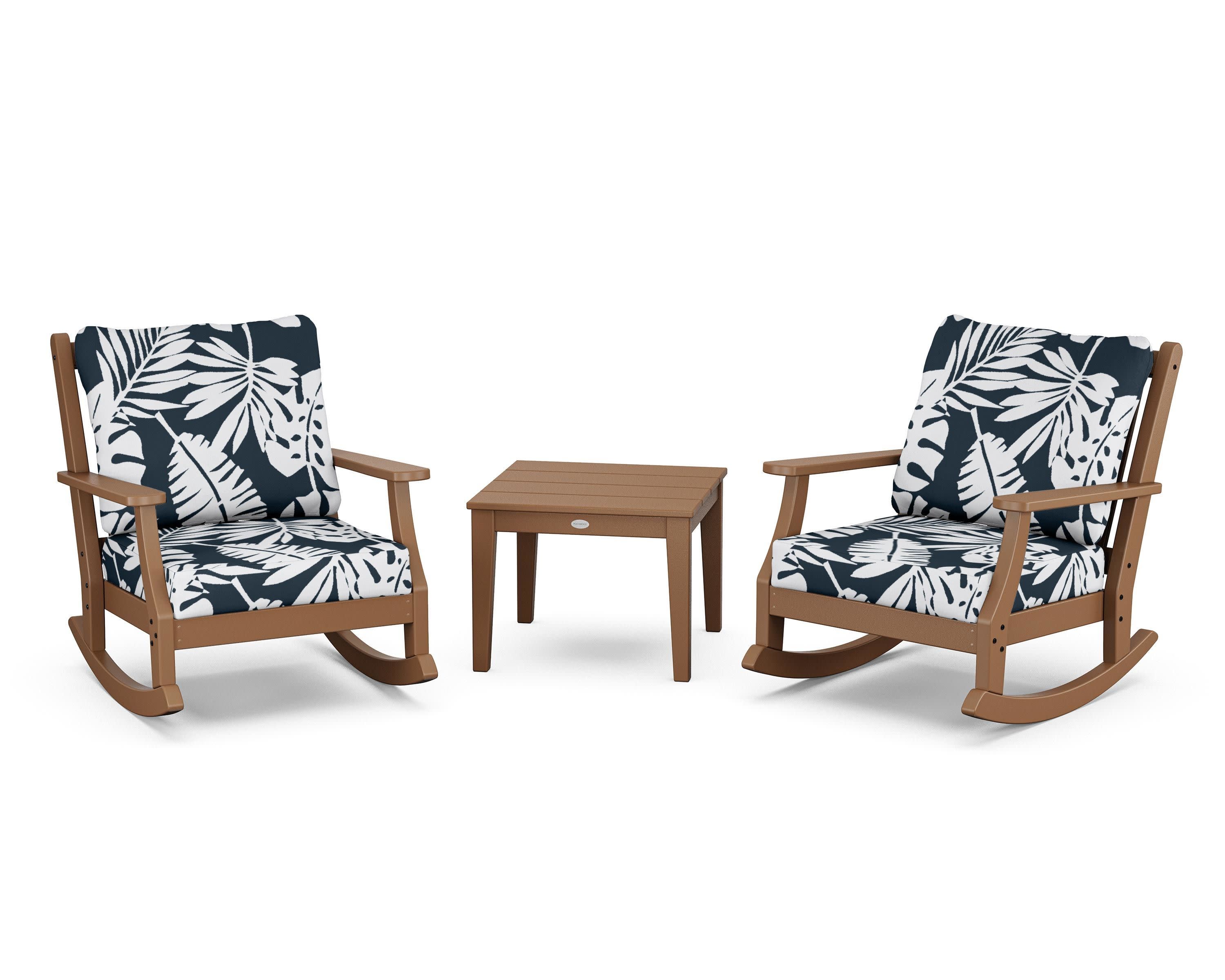 Wovendale 3-Piece Deep Seating Rocker Set in Teak / Leaf Marine Indigo