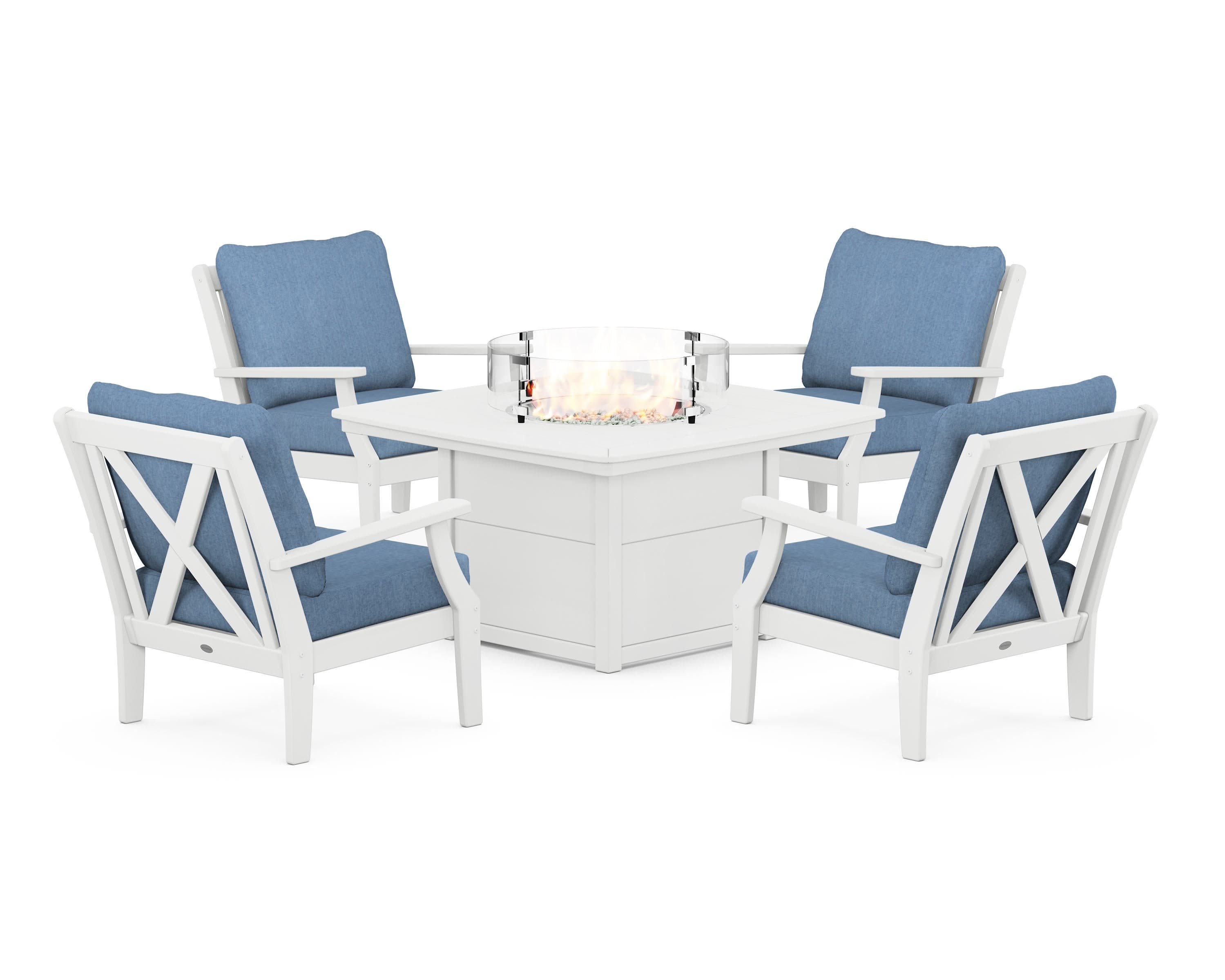 Braxton 5-Piece Deep Seating Conversation Set with Fire Pit Table in White / Sky Blue