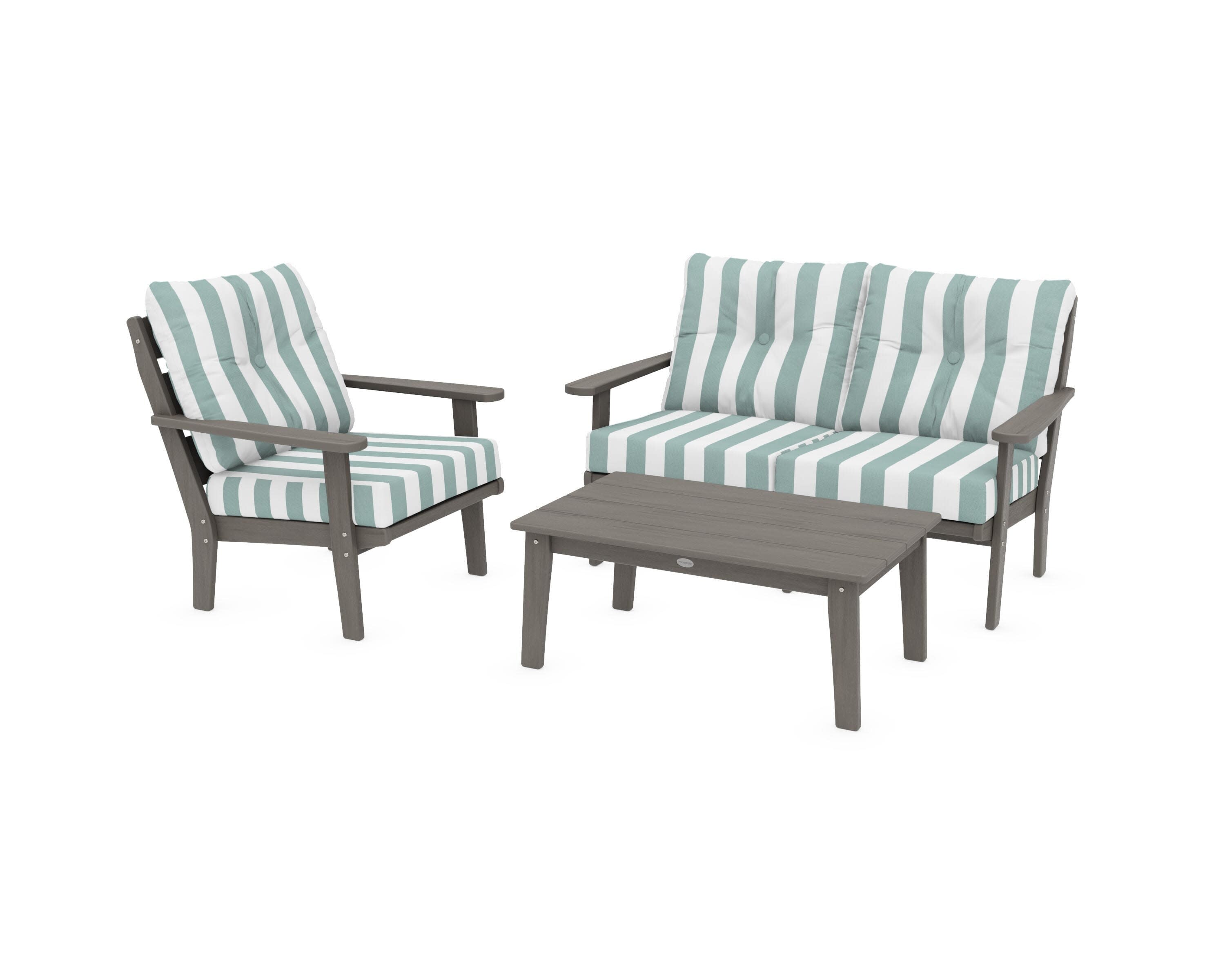 Lakeside 3-Piece Deep Seating Set in Driftwood / Cabana Stripe Glacier Spa