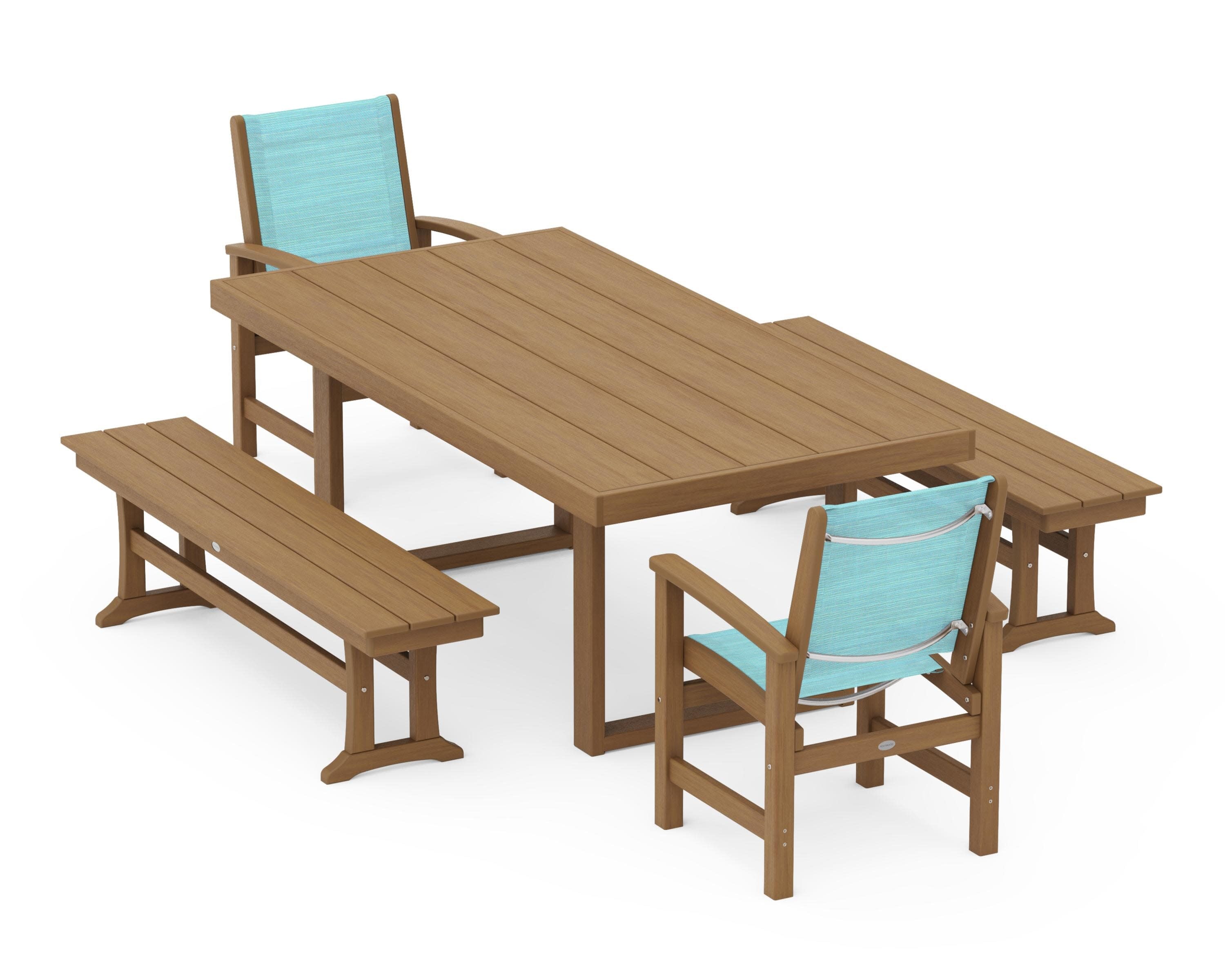 Coastal 5-Piece Dining Set with Trestle Legs in Natural / Dupioni Aquamarine Sling