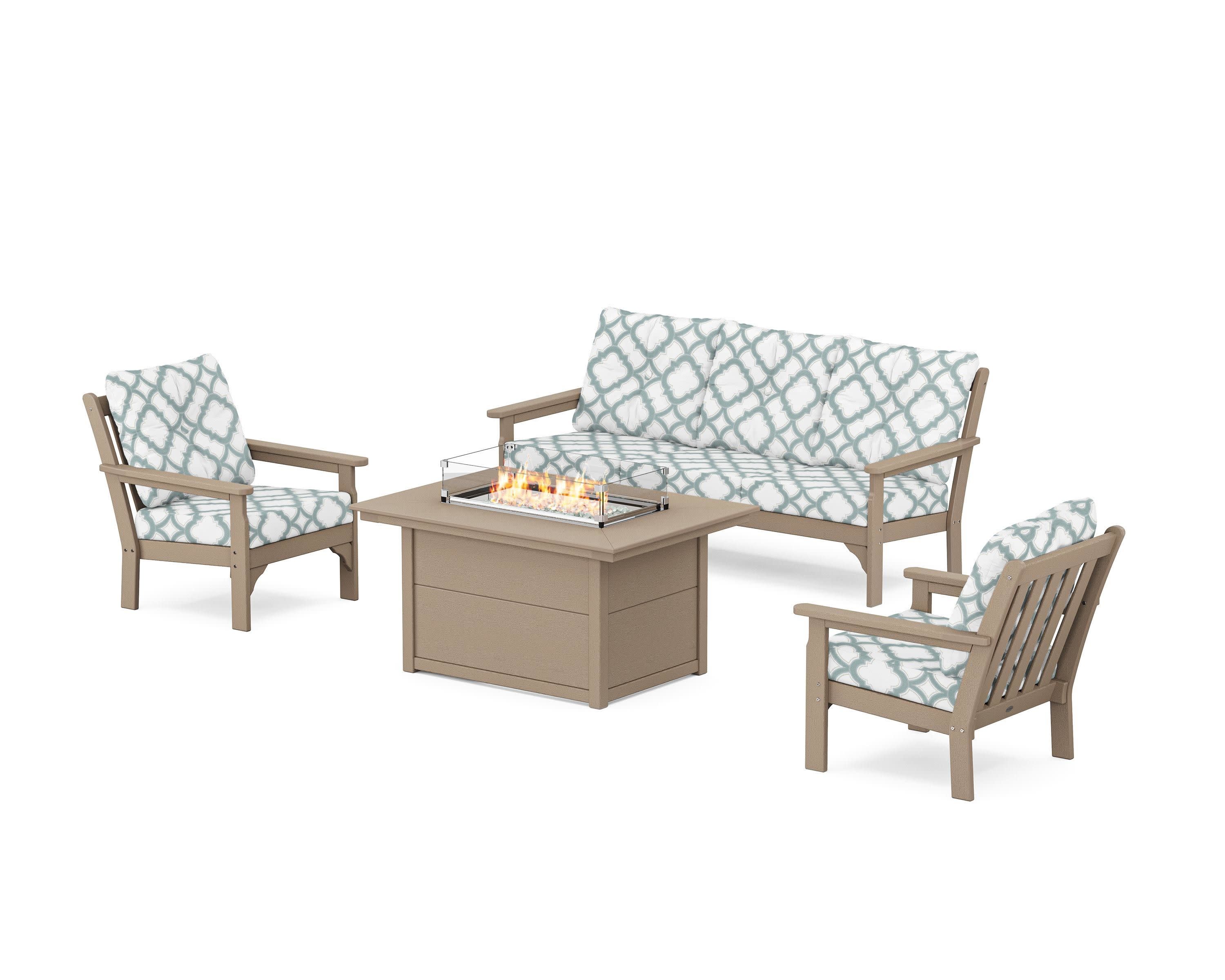 Vineyard Deep Seating Fire Pit Table Set in Vintage Sahara / Trellis Glacier Spa