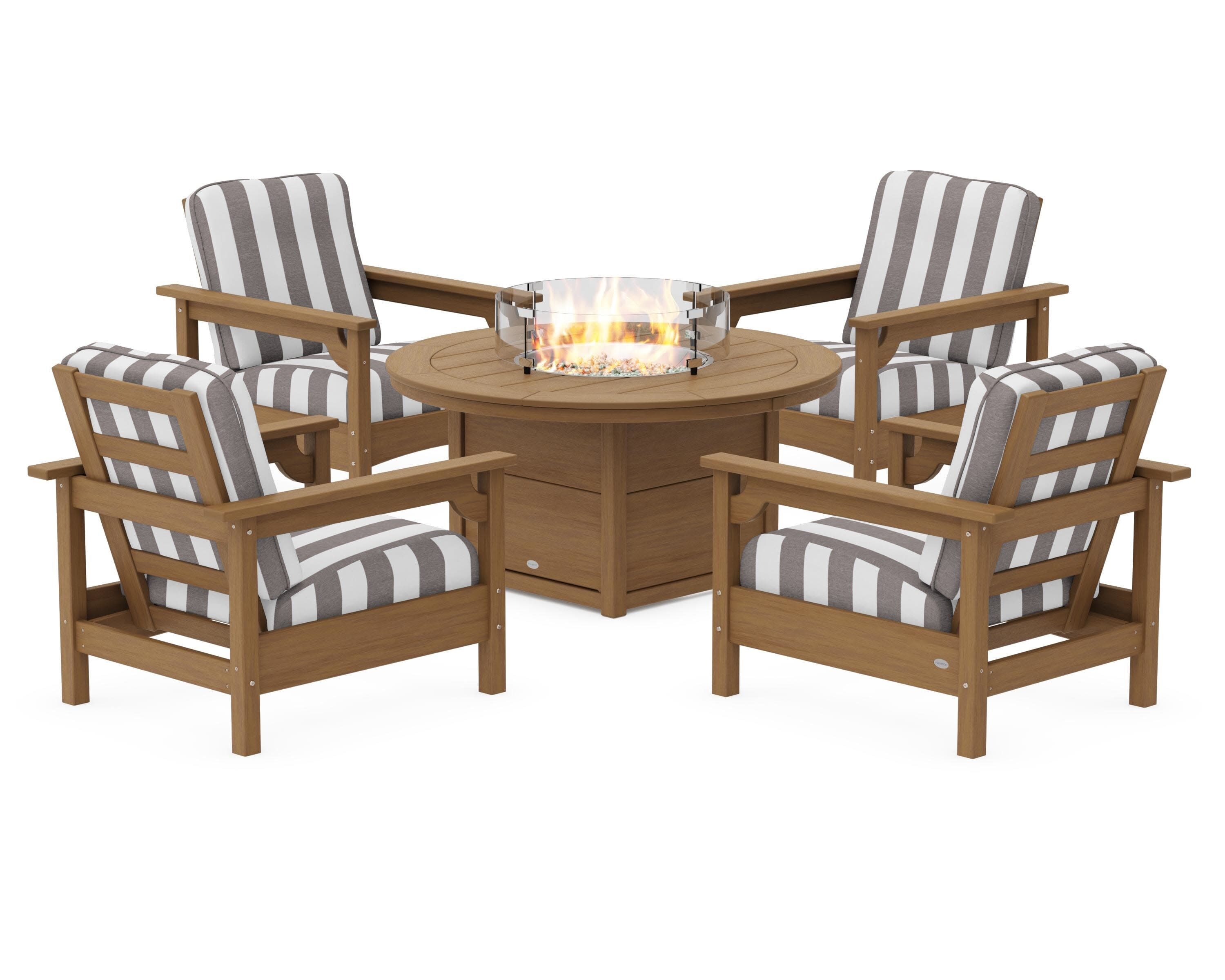 Club 5-Piece Conversation Set with Fire Pit Table in Natural / Cabana Stripe Grey Mist