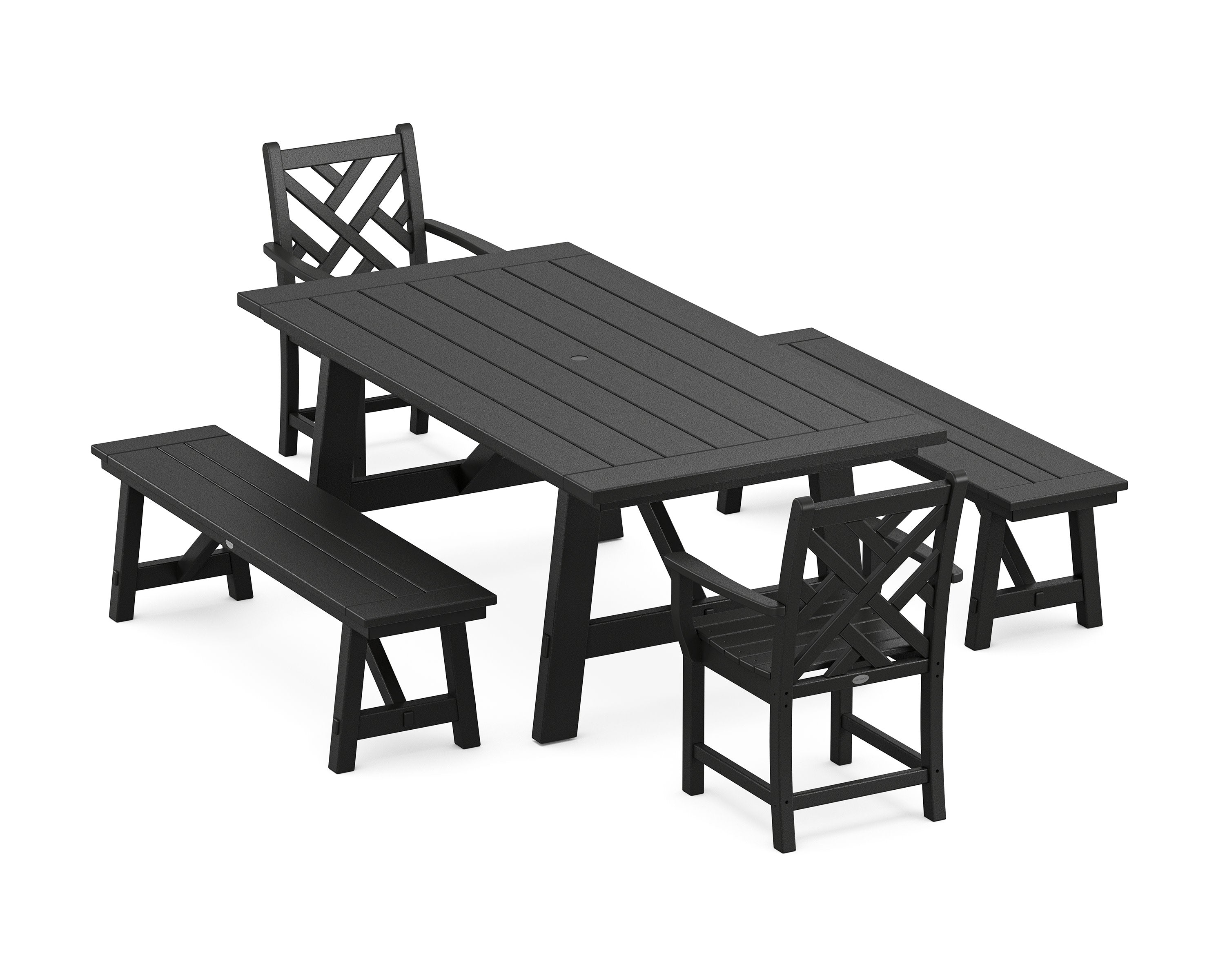 Chippendale 5-Piece Rustic Farmhouse Dining Set With Benches in Black