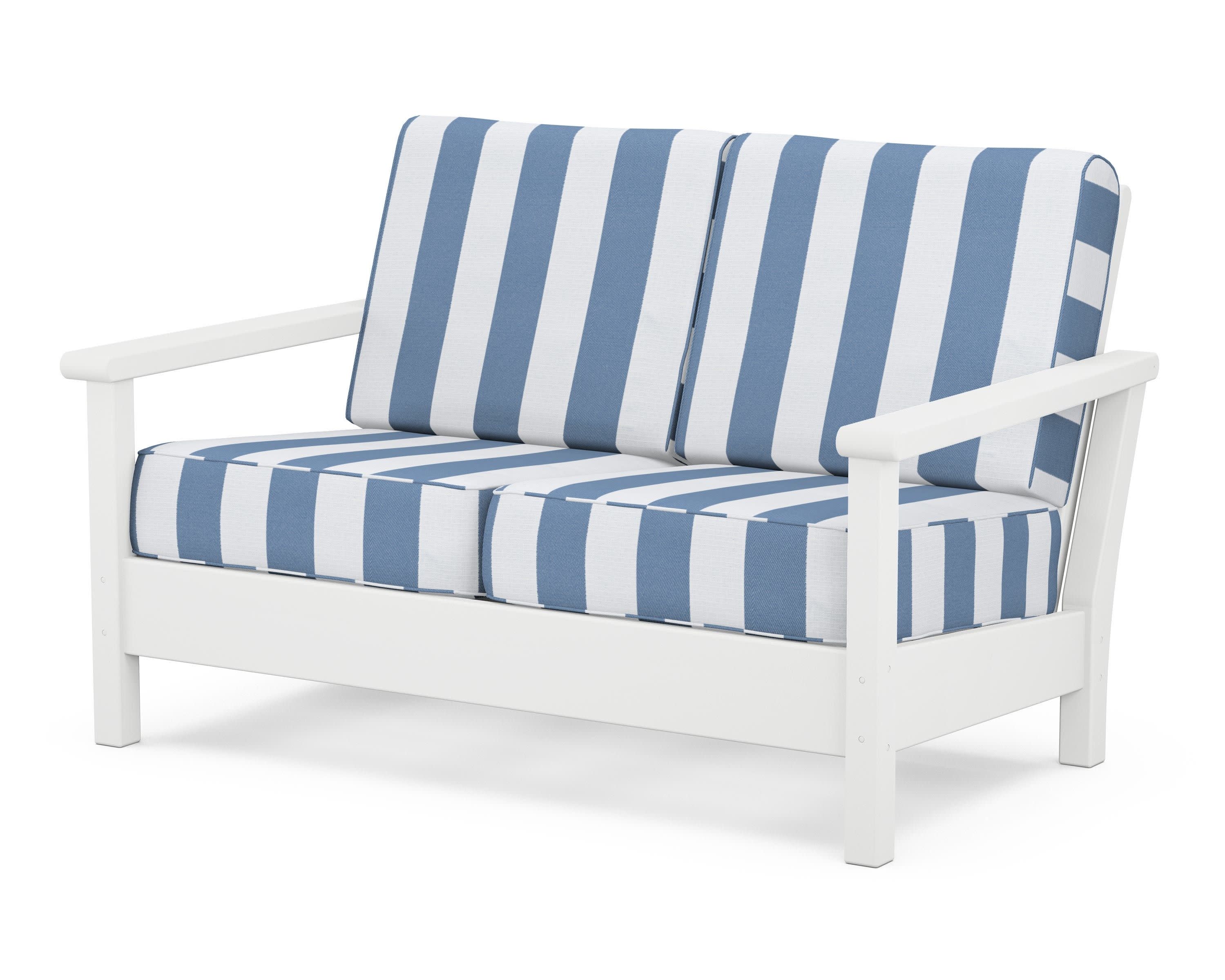 Harbour Deep Seating Loveseat in White / Cabana Stripe Sky Blue