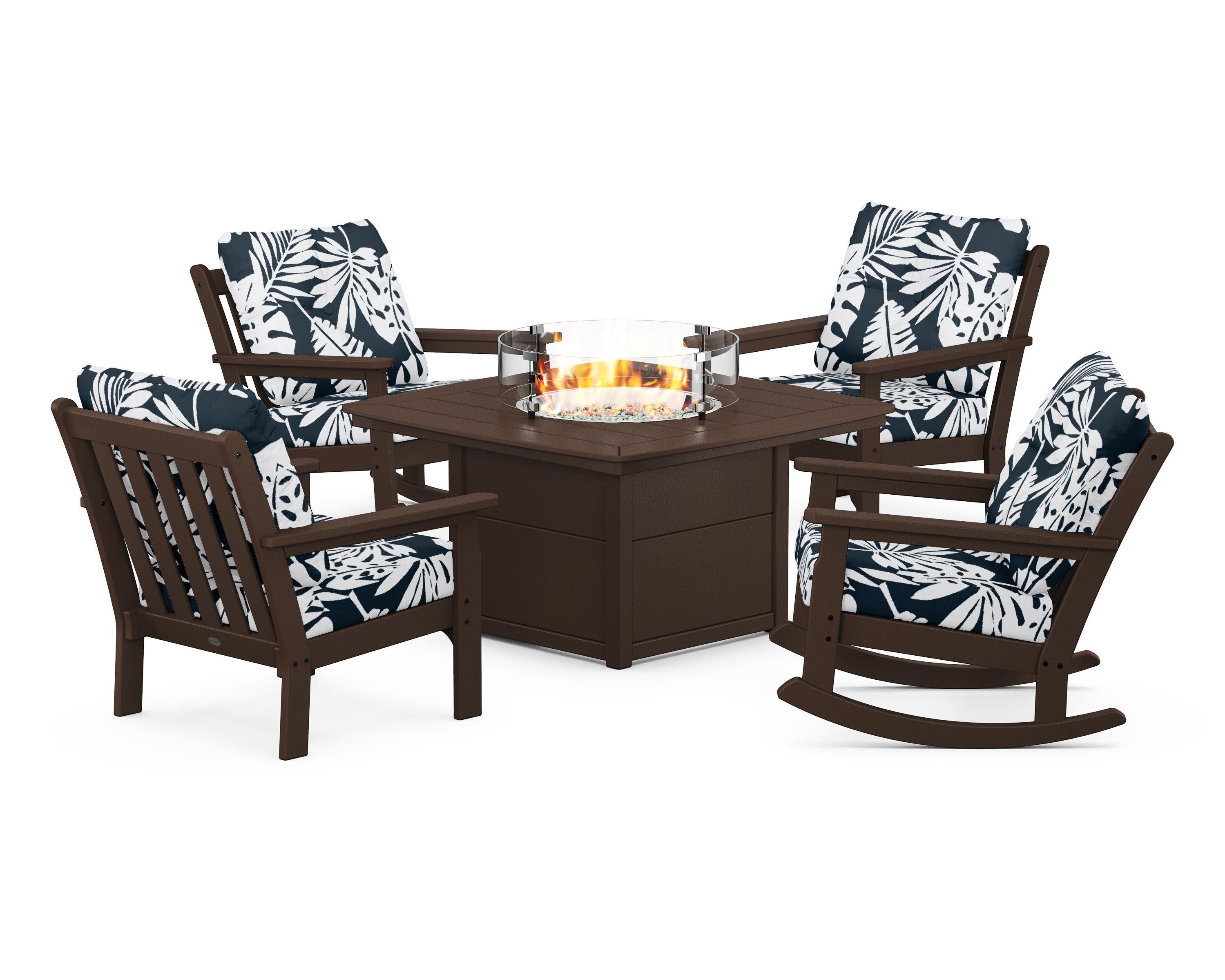 Vineyard 5-Piece Deep Seating Rocking Chair Conversation Set with Fire Pit Table in Mahogany / Leaf Marine Indigo