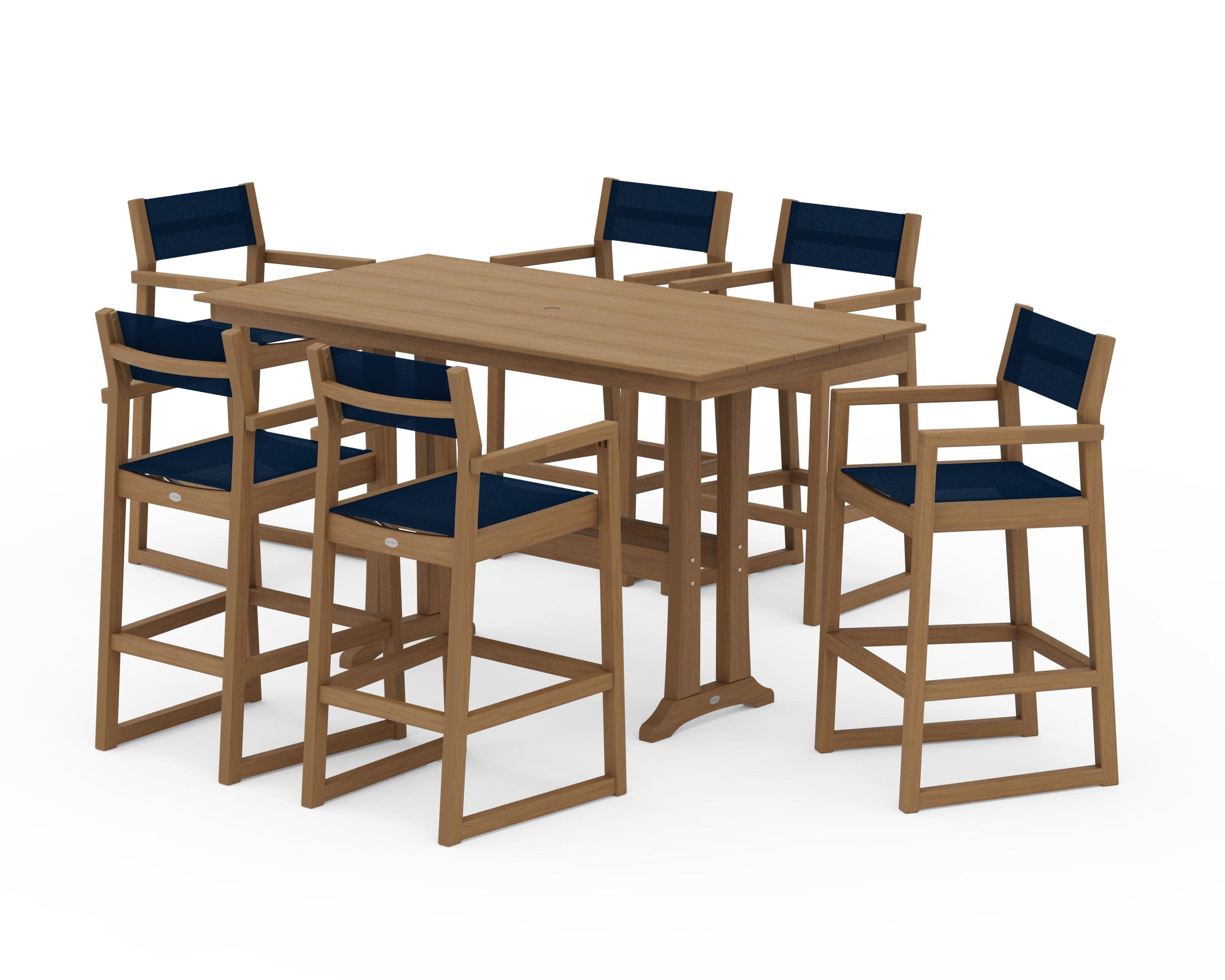 EDGE Sling Arm Chair 7-Piece Farmhouse Bar Set with Trestle Legs in Natural / Navy Blue Sling