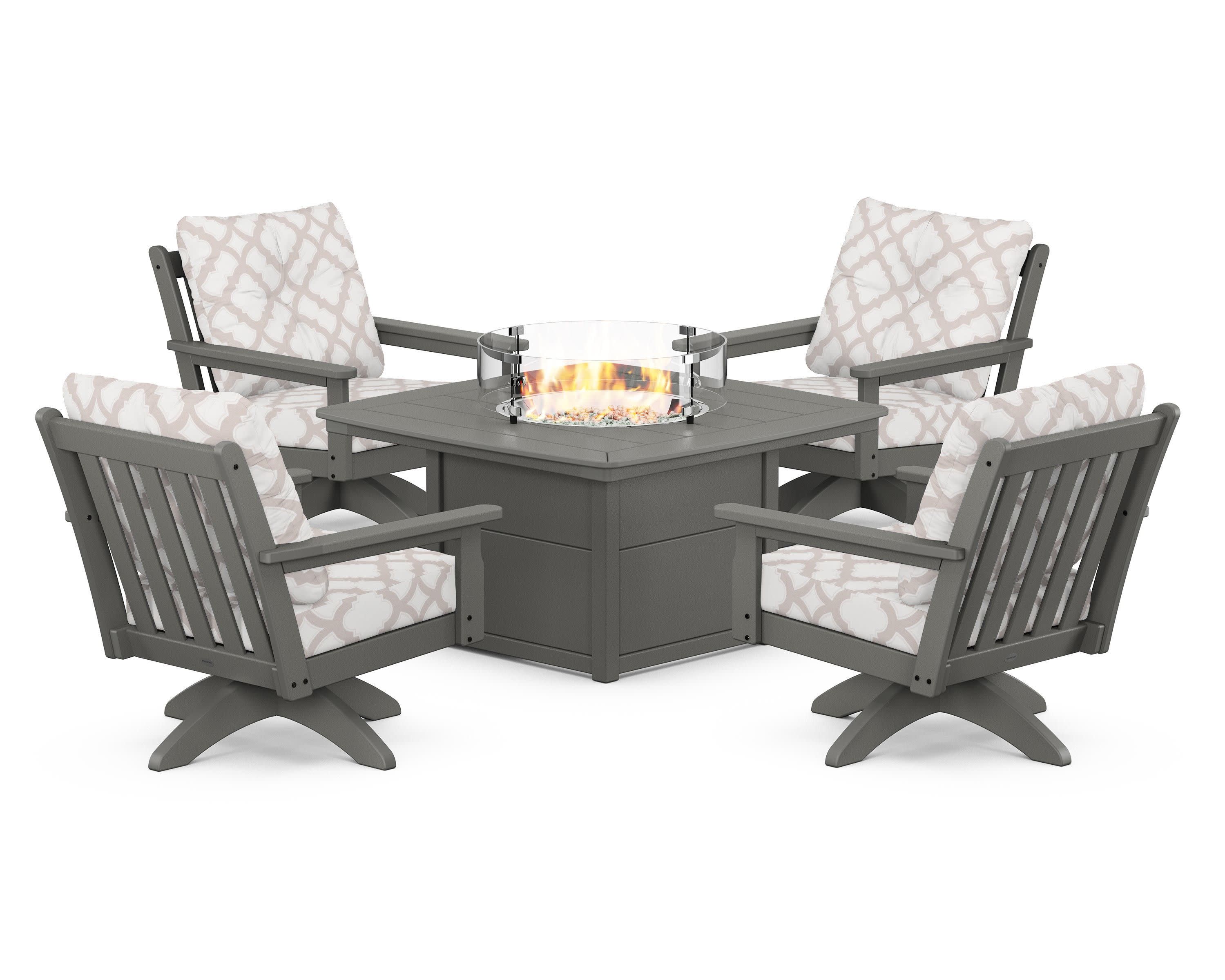 Vineyard 5-Piece Deep Seating Swivel Conversation Set with Fire Pit Table in Slate Grey / Trellis Dune Burlap
