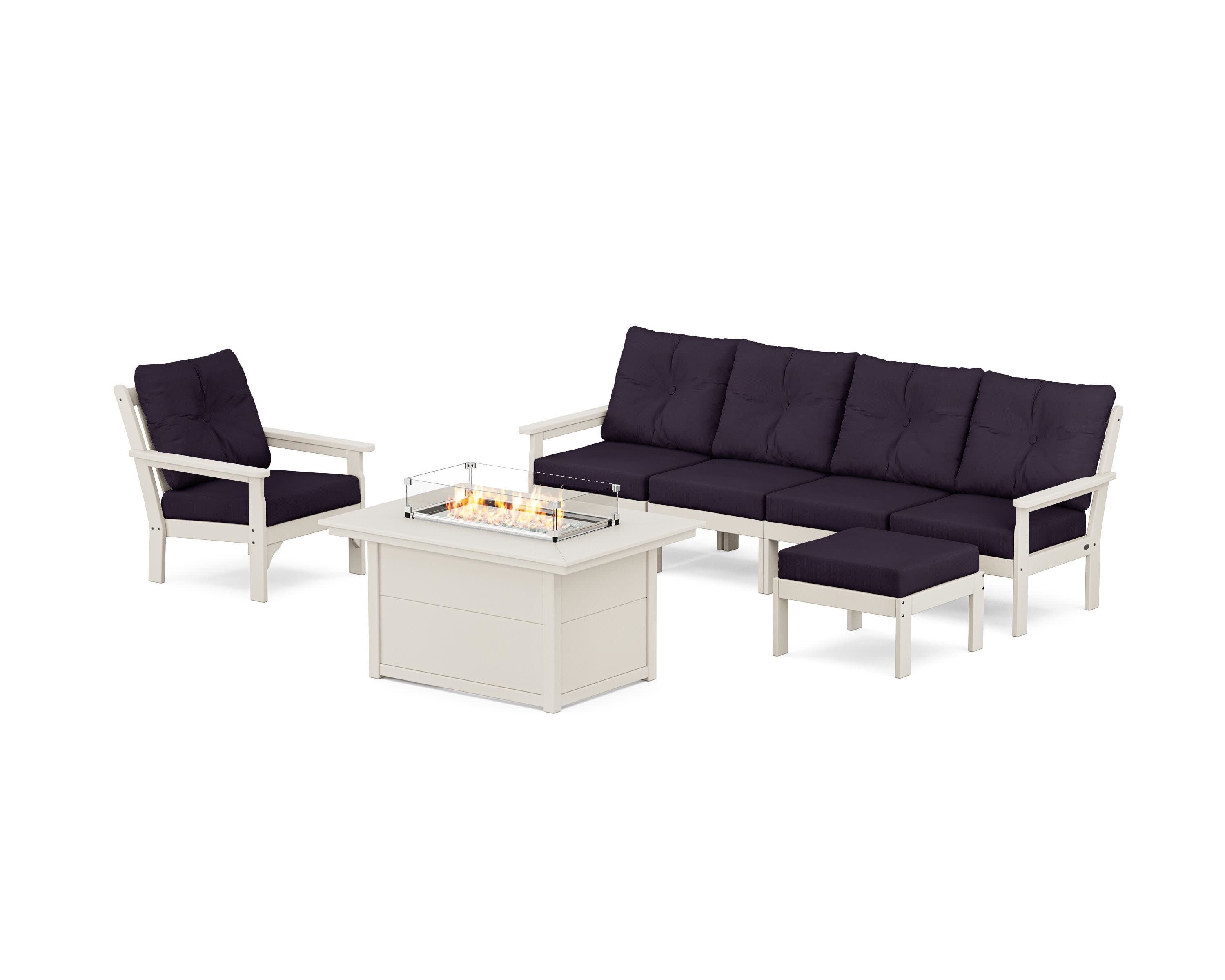 Vineyard Sectional Lounge and Fire Pit Set in Sand / Navy Linen