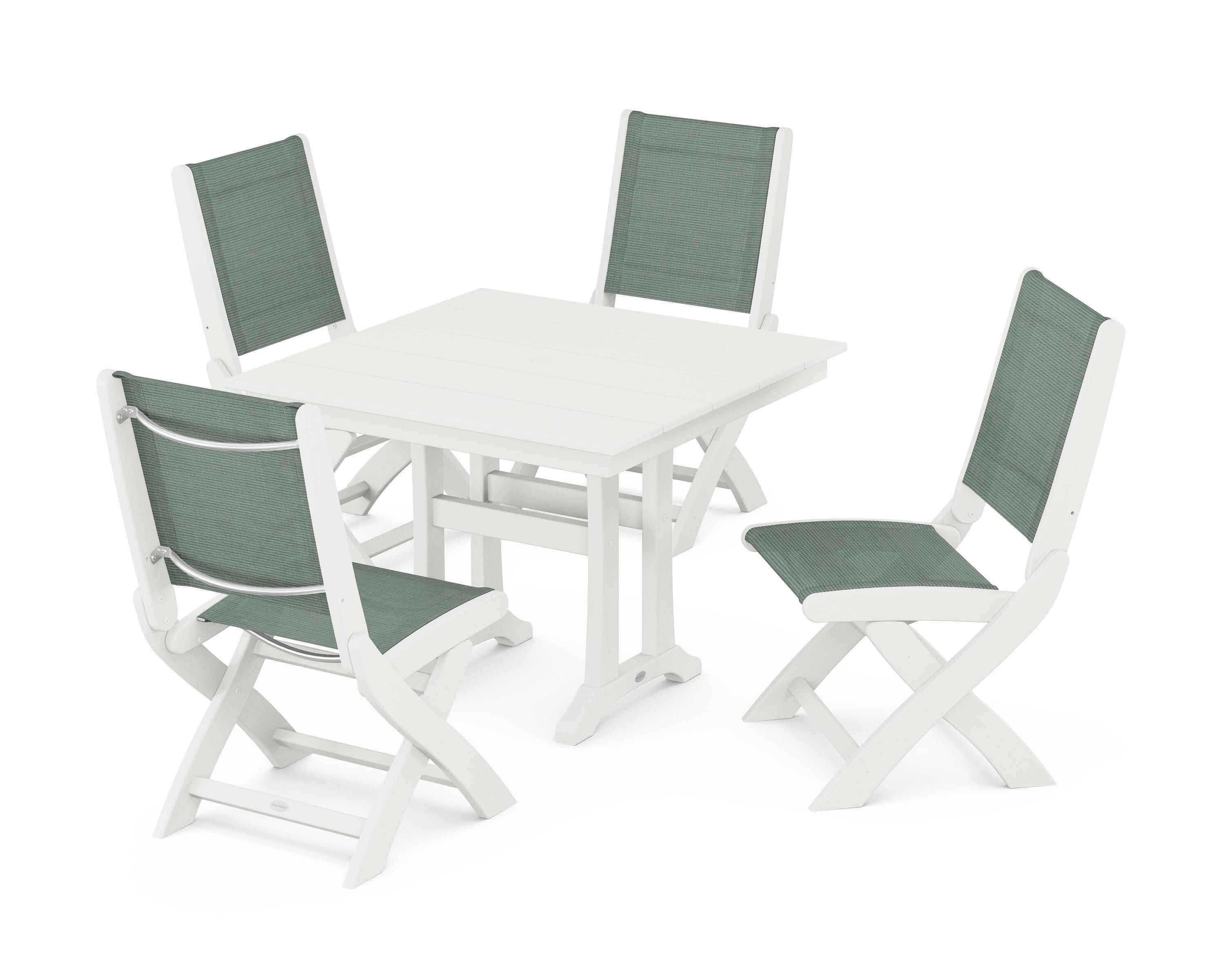Coastal Folding Side Chair 5-Piece Farmhouse Dining Set With Trestle Legs in Vintage White / Dupioni Sea Mist Sling