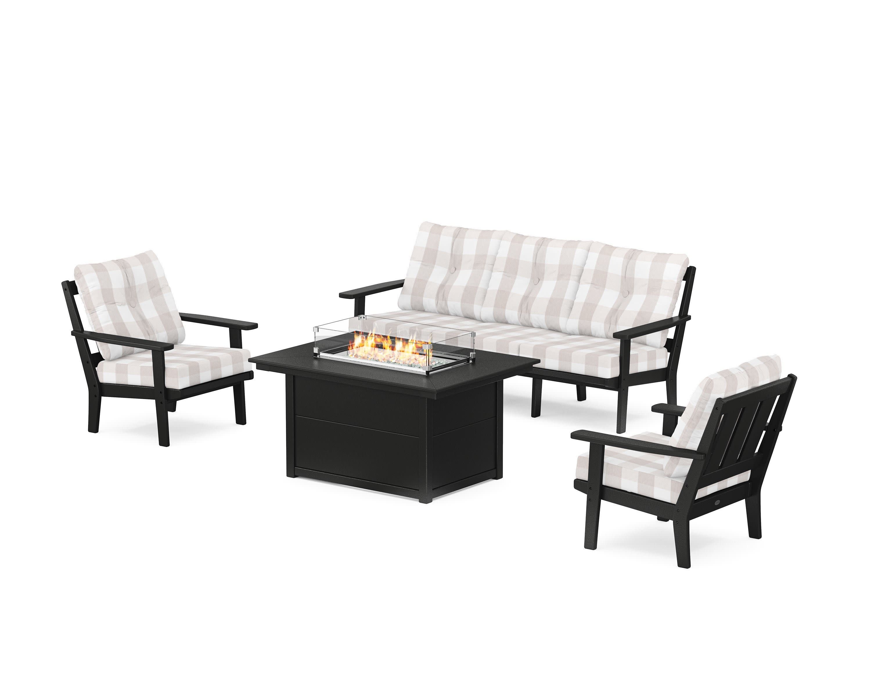 Oxford Deep Seating Fire Pit Table Set in Black / Buffalo Plaid Dune Burlap
