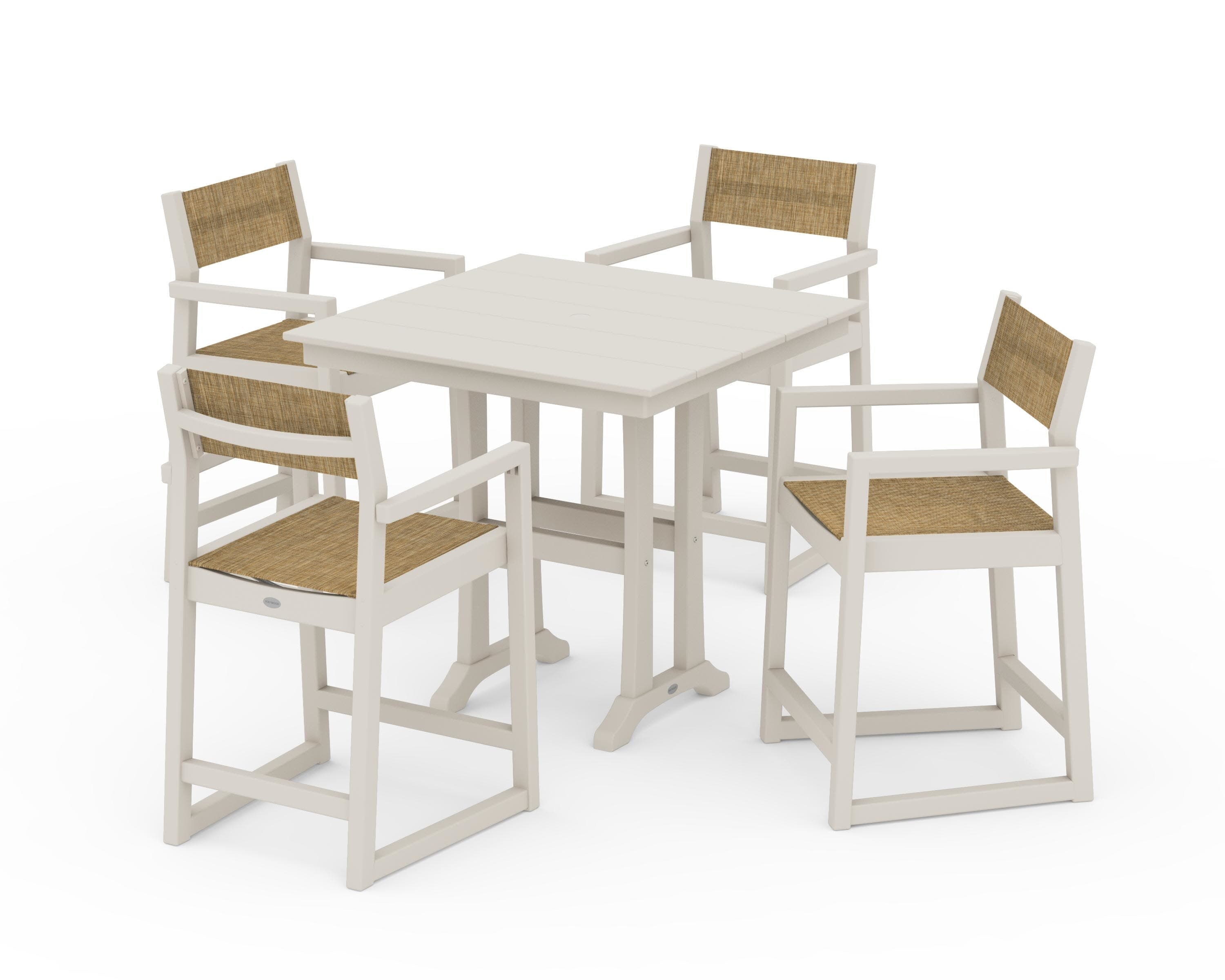 EDGE Sling Arm Chair 5-Piece Farmhouse Counter Set with Trestle Legs in Sand / Burlap Sling
