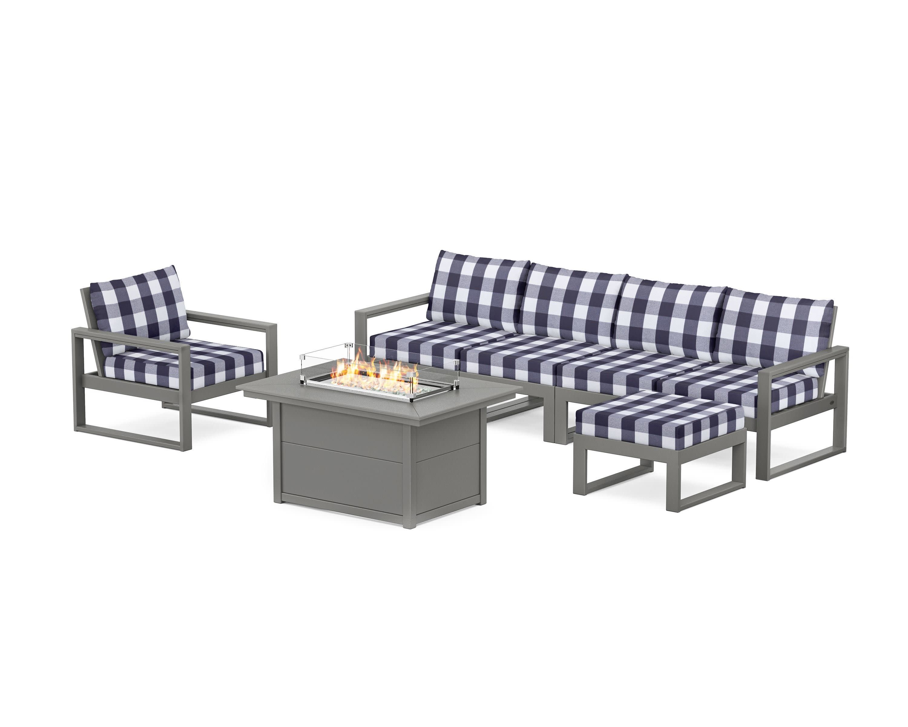 EDGE Sectional Lounge and Fire Pit Set in Slate Grey / Buffalo Plaid Navy