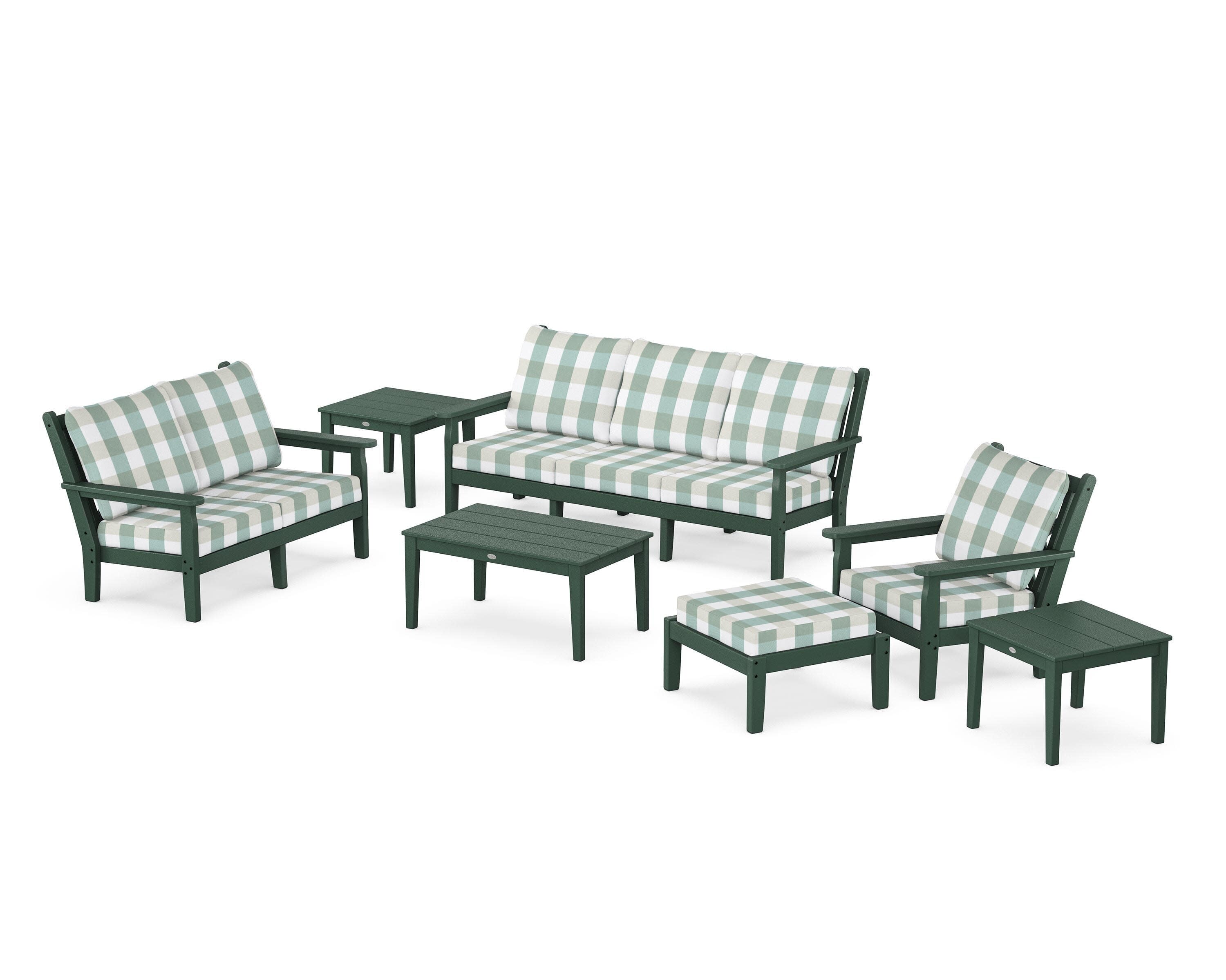 Chippendale 7-Piece Deep Seating Set in Green / Buffalo Plaid Glacier Spa